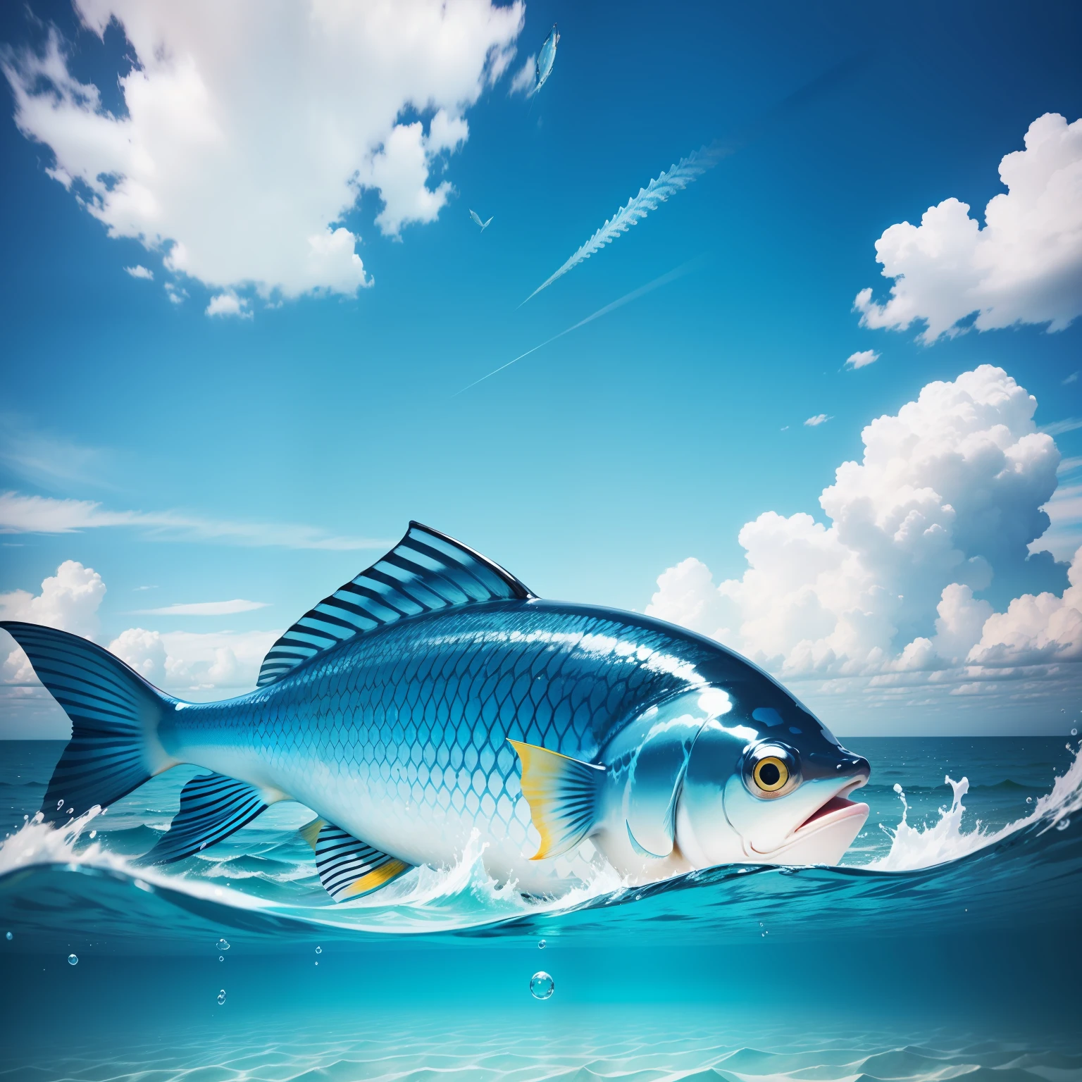 Fish oversized Four not like Half of the sea leaks out of the blue sky and white clouds