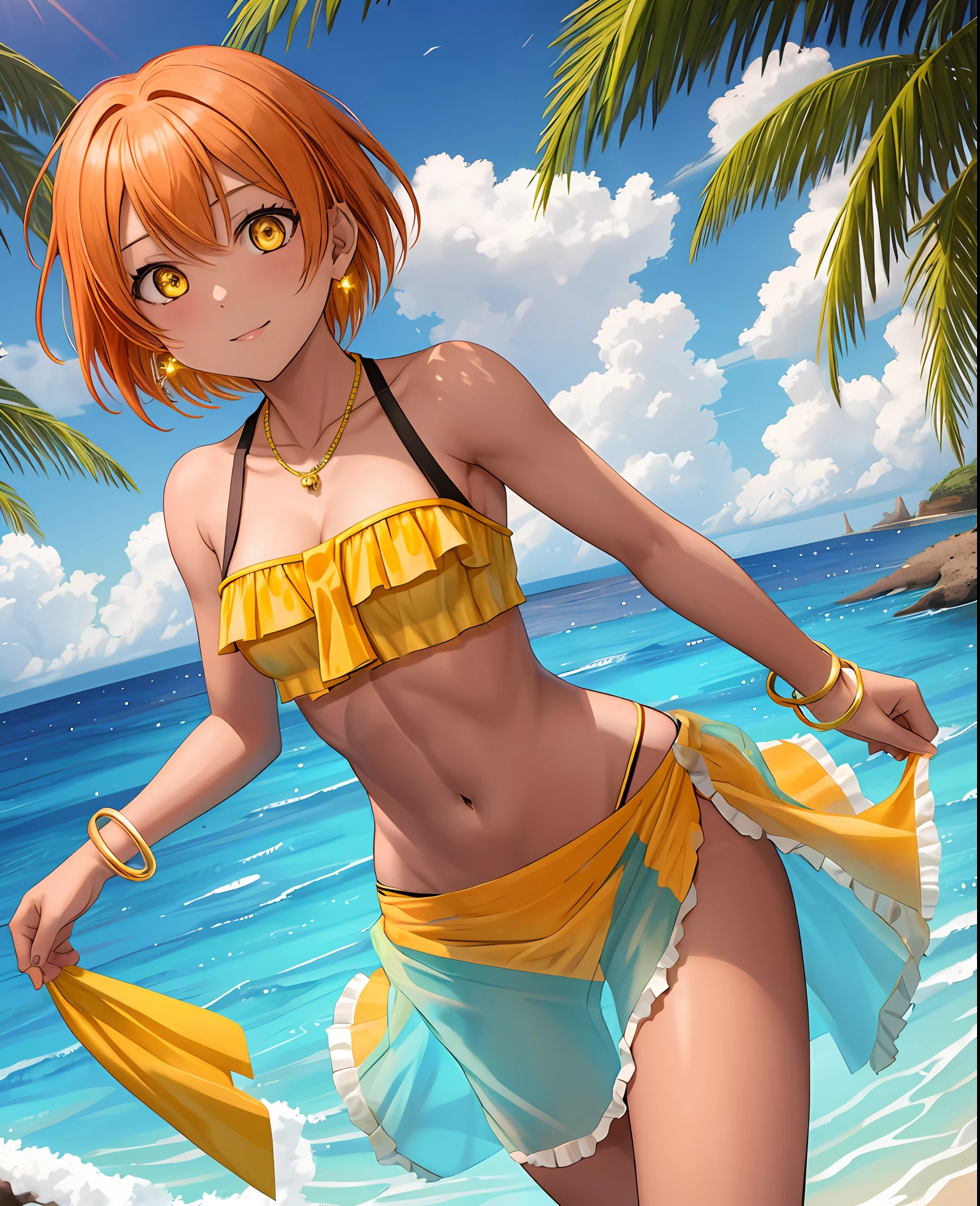 Hoshizora rin, yellow eyes, orange hair, masterpiece, best quality, (jewelry:1.000), (1girl:1.000), (pelvic curtain:0.999), (dark skin:0.998), (dark-skinned female:0.995), (beach:0.988), (loincloth:0.976), (short hair:0.974), (earrings:0.957), (bracelet:0.897), (midriff:0.828), (strapless:0.827), (necklace:0.817), (ocean:0.746), (vest:0.698), (tube top:0.687), (neck ring:0.633), (day:0.631), (solo:0.592), (hairclip:0.541), (purple hair:0.537),((toned stomach:1.2))