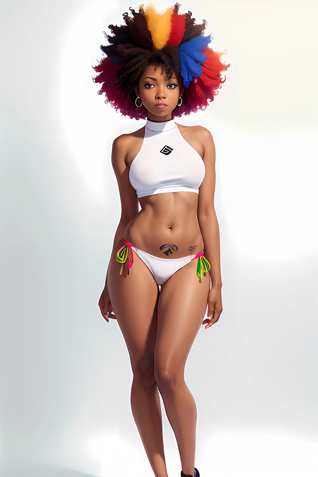 colorful virgin destroyer sweater, 1girl, ((dark skinned)) solo, navel, (((closed mouth))), side-tie panties, underboob, highleg panties, octane render, realistic, blacklight, 1girl,  (multicolored hair:1.3) (small Afro), tattoo, best quality, ultra high res, mature female, (), [(white background:1.5),::5] hexagon, 1 girl, mid shot, full body,