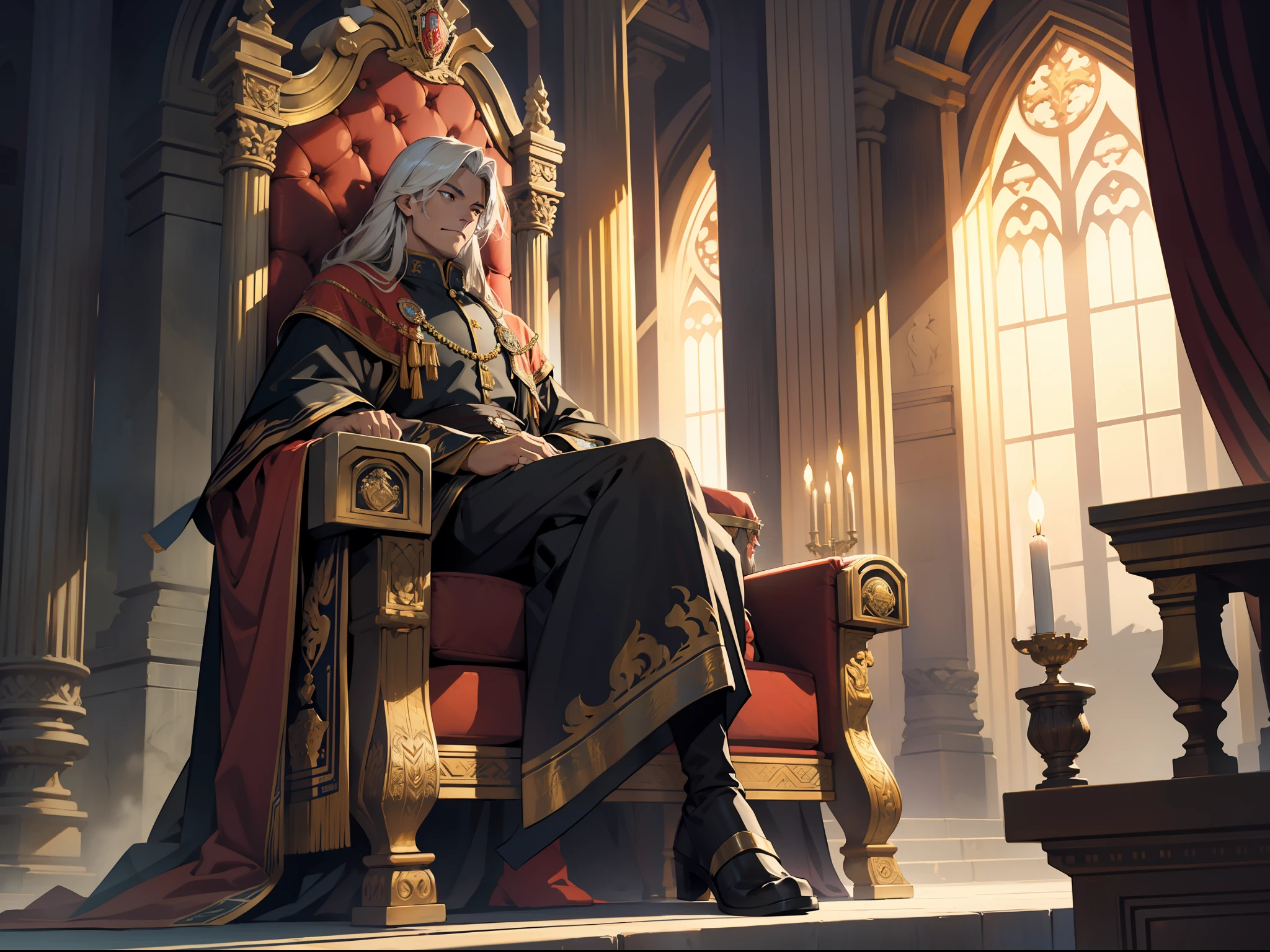 A loyal man humbly kneeling before a majestic king seated on a resplendent throne.