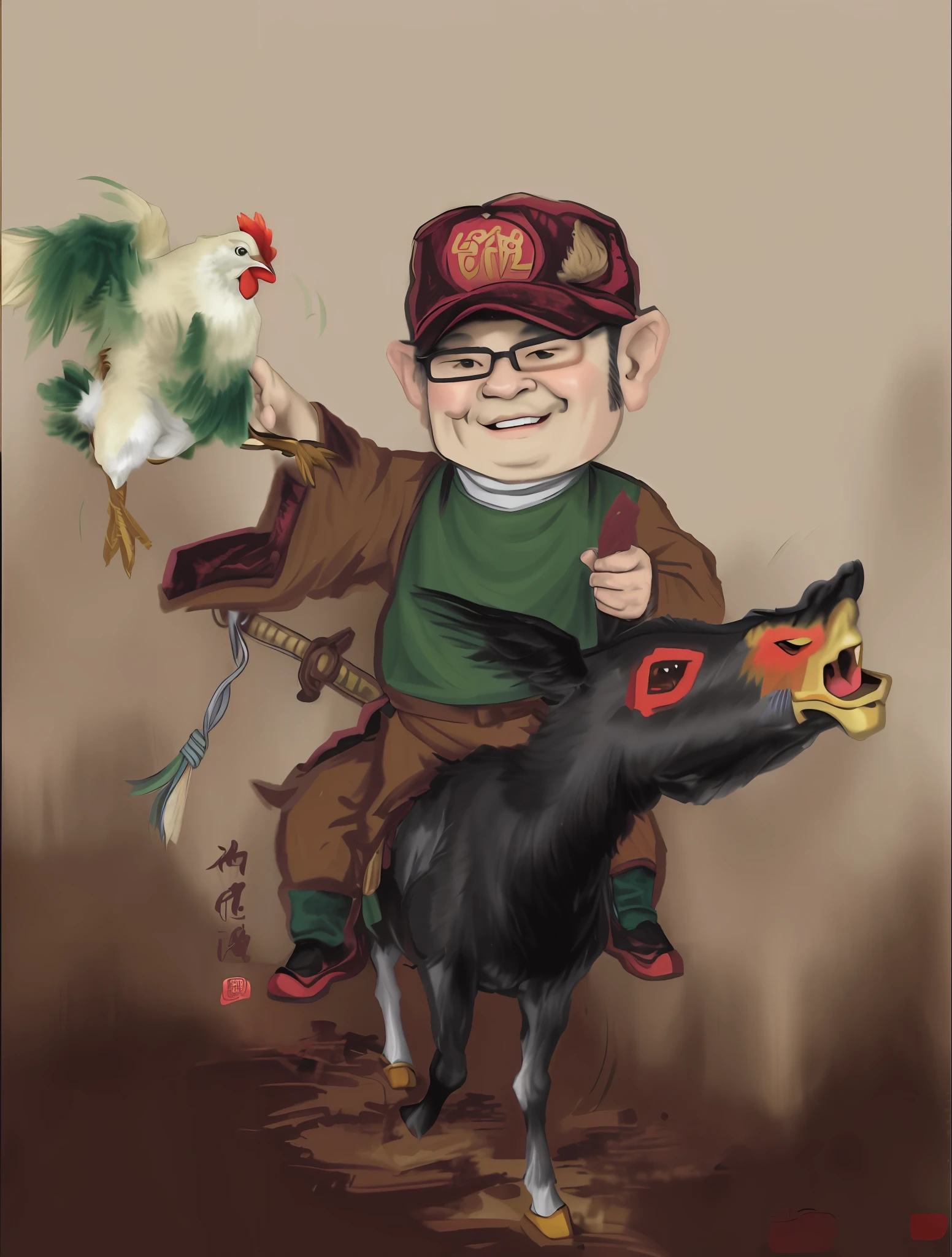 A cartoon of a man riding a donkey carrying a rooster on his back, author：Qu Leilei, inspired by Ding Yunpeng, author：Xi Gang, author：Igiles, traditional art, inspired by Luo Ping, jinyiwei, G Liulian art style, author：Li Zai, author：Yang Borun, Li Zixin, Caricature, inspired by Xi Gang