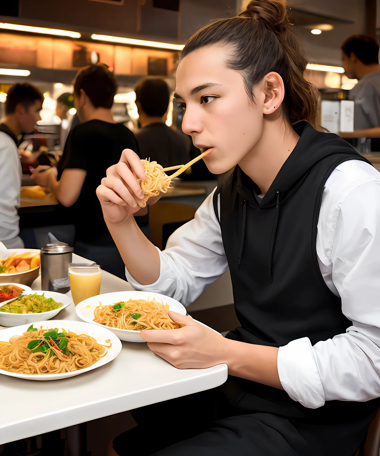 gritty raw street photography, ultra high detail sharp focus photo, plain clean earthy young hacker, matrixpunk cybercostume, eating noodles in a busy crowded street diner, working hard,