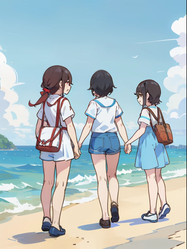 Three girls chatting by the sea，having fun，Short sleeves in white，Blue shorts，夏天，