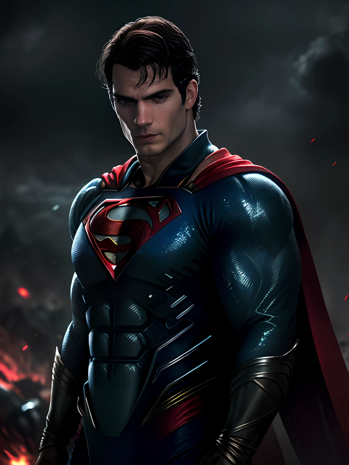 1 man, solo, Henry Cavill as Superman, 40s year old, all blue and red details suit, bare hands, big red S symbol on the chest, red cape, strain of hair covering forehead, short cut hair, tidy hair, tall, manly, hunk body, muscular, wide shoulder, straight face, black hair, best quality, high resolution:1.2, masterpiece, photorealism, dark background, detailed suit, detailed face, upper body shot, crossed arms, runic scene in the background