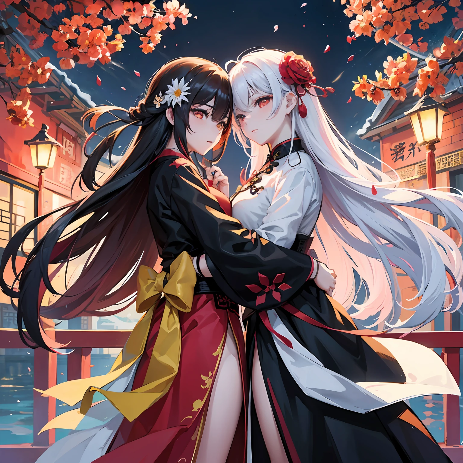 Chinese Valentine's Day《Tanabata》Main image,Set against the backdrop of a Magpie Bridge,Show a couple of lovers hugging each other on a bridge,Main colors:red colour、orange colors、in pink,Secondary tones:white colors、black in color,element in:Magpie Bridge、edgBunny、As estrelas、love heart、Rose flower,China-style,painting of a --auto