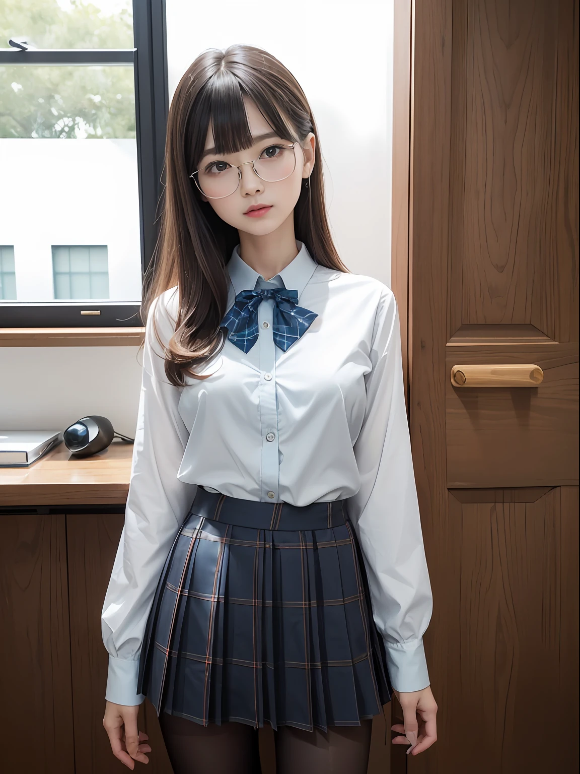 (8K、Raw photography、top-quality、masterpiece:1.2),absurderes,a small face,small tits,flat breast,Parting the bangs from the middle、Forehead visible,(Tight eyes,Bullish,skinny,Rasping,irate)、masterpiece,top-quality、超A high resolution,Raw photo,ren,Beautiful fece,One Person, 独奏,eye glass,,Dark look,Small breasts,fullllbody,Round glasses、cute little、A Japanese Lady,is standing,(Tight eyes,Bullish,skinny,Rasping,irate,small tits,flat breast)、(Photorealsitic:1.37)、Photon mapping,Light blue ribbon,Realistic、Cute little face,Brown-eyed、Black socks、(Red bow tie)、Radio City、Physically Based Rendering、Foreground、depth of fields、Blurry background、a picture,The girls、Body, Long legs, Thin leg,Semi-long,(Bangs are visible), hair, s lips, Blue_The eye, nosesoft,White shirt, Navy blue and white plaid pleated skirt, Knees are visible,Sheer clothing,, Thigh, Black cotton socks,Nogizaka Idol, 女優, Japanese ido