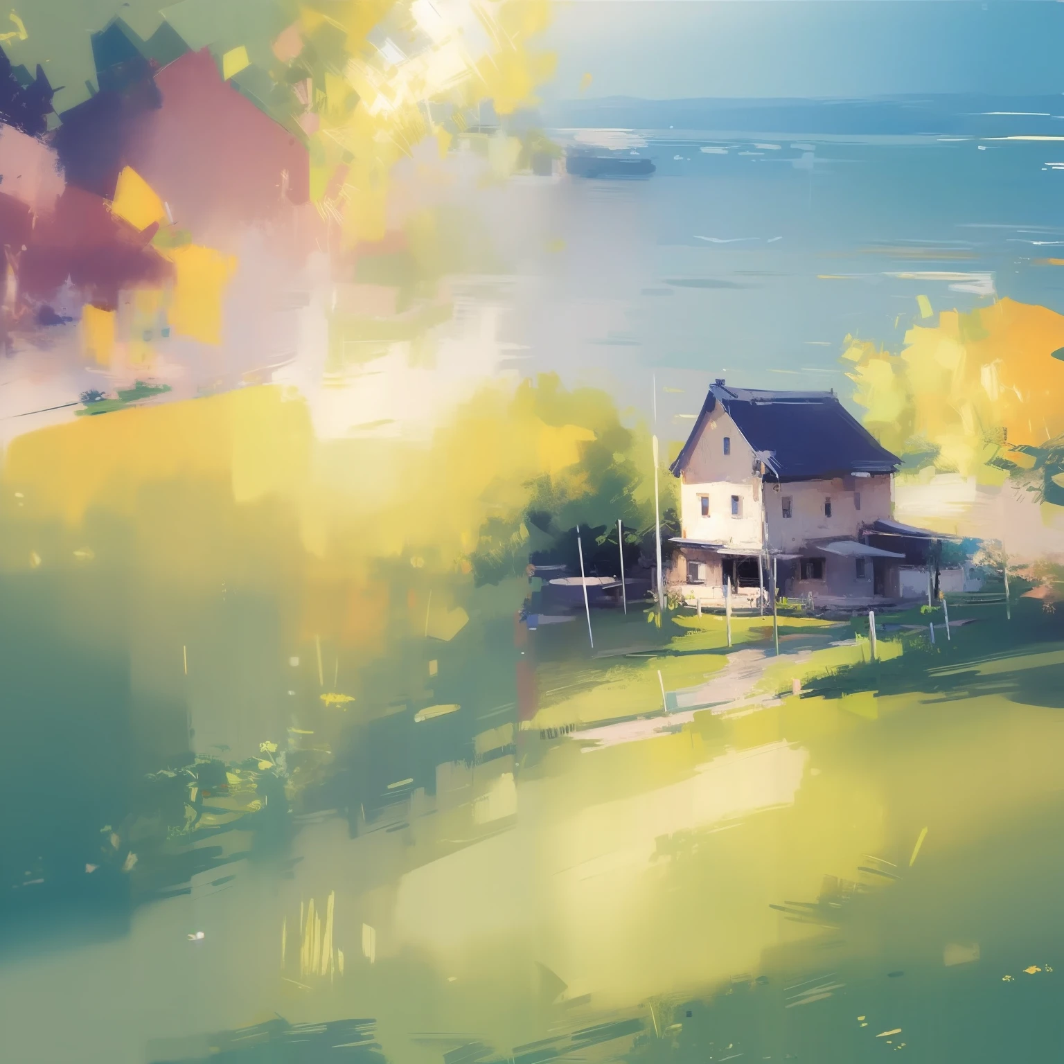a beautiful (landscape) in summer, flowers around, dreamy (azure), natural light, plein air painting, in the style of alexander babich, (cabin core), delicately rendered landscapes, bright light, with the sun casting a warm glow, delicate in summer (sunlight/sunset), soft and graceful, serene and traquil scenes, classical romanticism, in the style of dreamlike scenes, transcendent work, lively coastal landscape, solarizing, master, super clarity, high quality --iw 2 --q 2 --s 100 --v 5.1