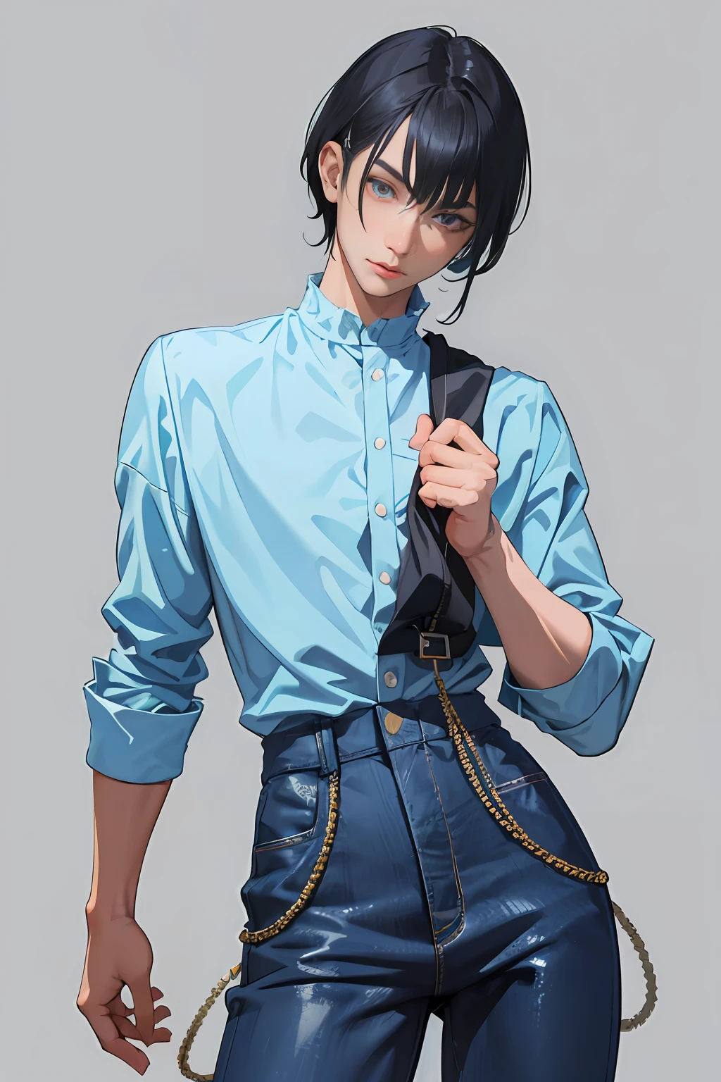 A boy with，cartoon character，adolable，Blue pants，black color hair，detail in face，Close-up of people，Pose reference picture
