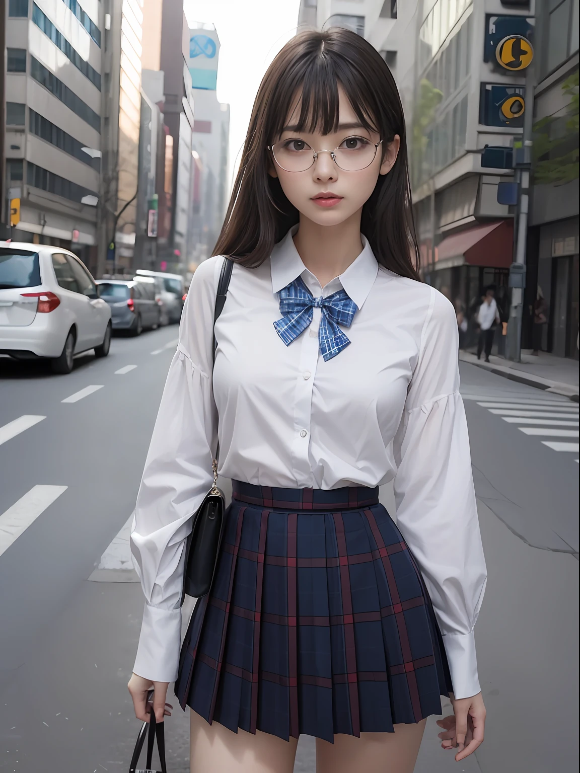 (8K、Raw photography、top-quality、masterpiece:1.2),absurderes,a small face,small tits,flat breast,Parting the bangs from the middle、Forehead visible,(Tight eyes,Bullish,skinny,Rasping,irate)、masterpiece,top-quality、超A high resolution,Raw photo,ren,Beautiful fece,One Person, 独奏,eye glass,,Dark look,Small breasts,fullllbody,Round glasses、cute little、A Japanese Lady,is standing,(Tight eyes,Bullish,skinny,Rasping,irate,small tits,flat breast)、(Photorealsitic:1.37)、Photon mapping,Light blue ribbon,Realistic、Cute little face,Brown-eyed、Black socks、(Red bow tie)、Radio City、Physically Based Rendering、Foreground、depth of fields、Blurry background、a picture,The girls、Body, Long legs, Thin leg,Semi-long,(Bangs are visible), hair, s lips, Blue_The eye, nosesoft,White shirt, Navy blue and white plaid pleated skirt, Knees are visible,Sheer clothing,, Thigh, Black cotton socks,Nogizaka Idol, 女優, Japanese ido
