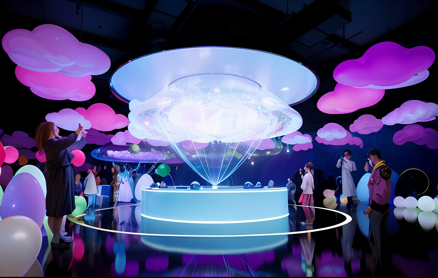 People stand around a large display with balloons and lights, virtual metaverse room, There are various lights in the clouds, ethereal hologram center, metaverse concept art, teamlab, emitting spore clouds, magical dream-like atmosphere, Futuristic room, conceptual rendering, ; Wide shot, futuristic scientific laboratory, in futuristic laboratory room, futuristic laboratory, futuristic cloning facility