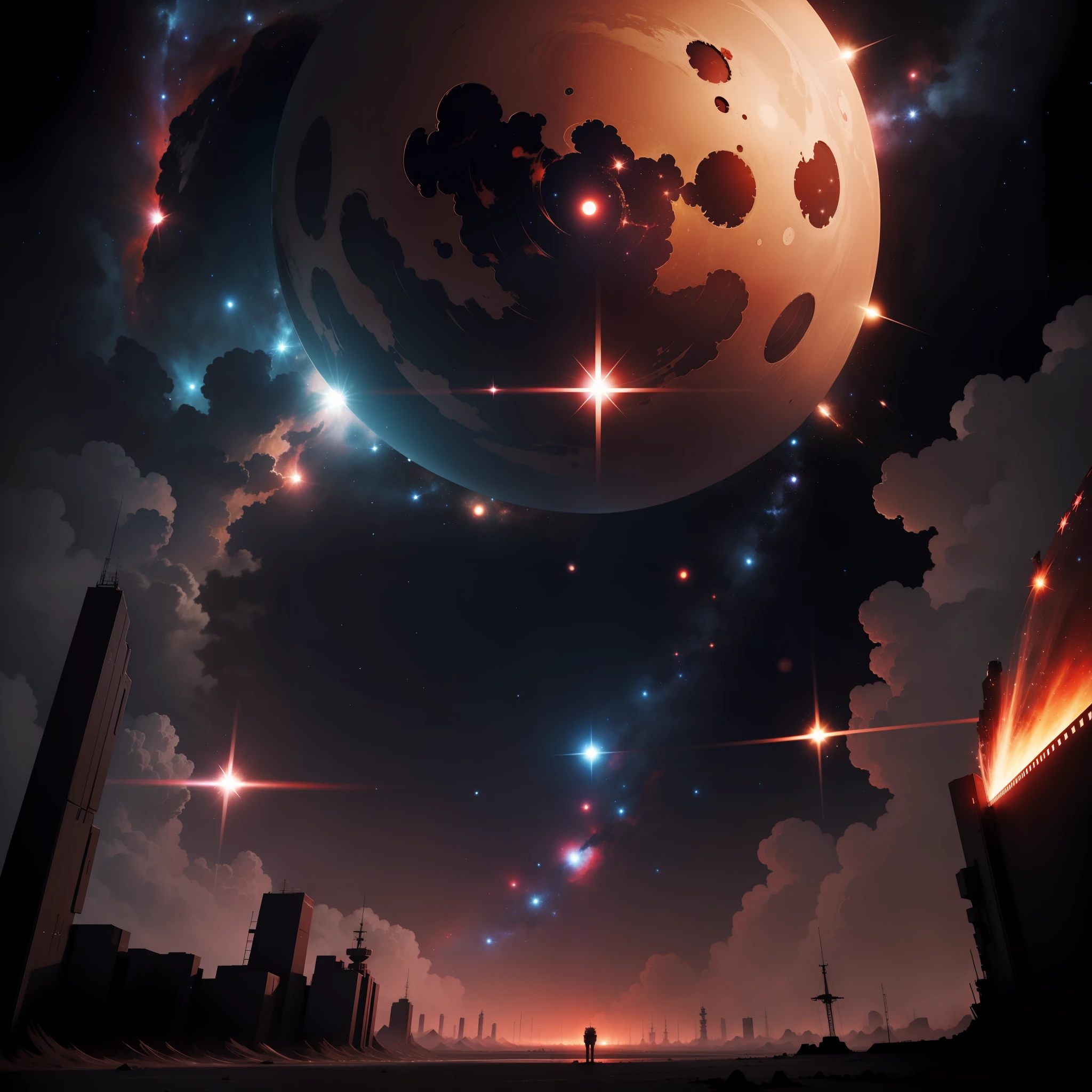 The stars bloom,Blood-red battleships and mechs slowly fly through space,Beauty shines in it,Create space-style black holes。