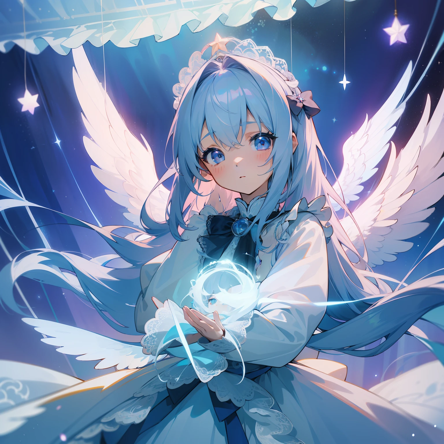 (Top image quality)、(ultra-detailliert)、(Facing the front)、top-quality、masterpiece、(((1girl in)))、Lori、girl with、angelicales、Angel wings、Circle of Angels、silber hair、silber hair、White hair、Longhaire、Light blue eyes、maid clothes、frilly dress、lots of ruffles、lots of ribbons、bow ribbon、PastelColors、stele、pop music、she has a cute expressive face、Fluffy and spreading hair、clouds、Fluffy clouds、intergalactic、(Twinkle)、fluffly、speculum、frilld、((Lace curtains))、(((starrysky)))、Celestial globe