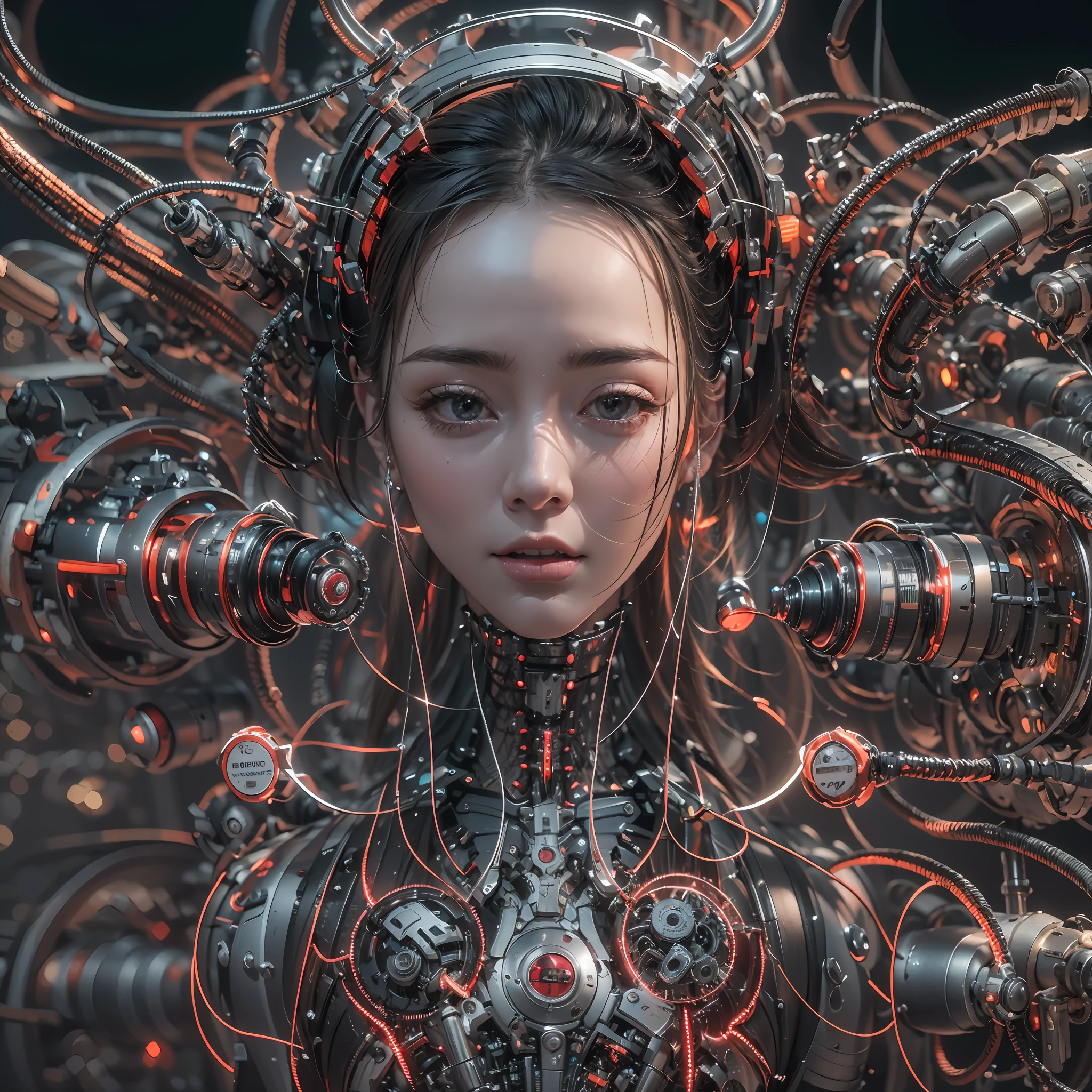 best qualtiy, tmasterpiece, Ultra-high resolution, Rendered with camera-like realism, real photograph,(((( A mechanical girl)))),((solo)),((Perfect facial features,delicated face)), highly realistically detailed, Panoramic lighting effects, Fine and accurate shading representation, rendering by octane, 8K分辨率, Reveal vivid skin details, Representation of metallic materials, Depicting vacuum tubes、Liquid tubes、oil pressure gauges、glass tubes、Simulate details such as meters, Highlight the details and movement of gears, The performance of gold hydraulic cylinders, realism light effect, Face the audience's gaze, Depict neon details in detail, Mechanized body parts, The blood vessels connected to the catheter, The mechanized spine is attached to the back, Mechanical attachment attached to the neck, Present a sitting position,Depict the wires and cables connected to the head,