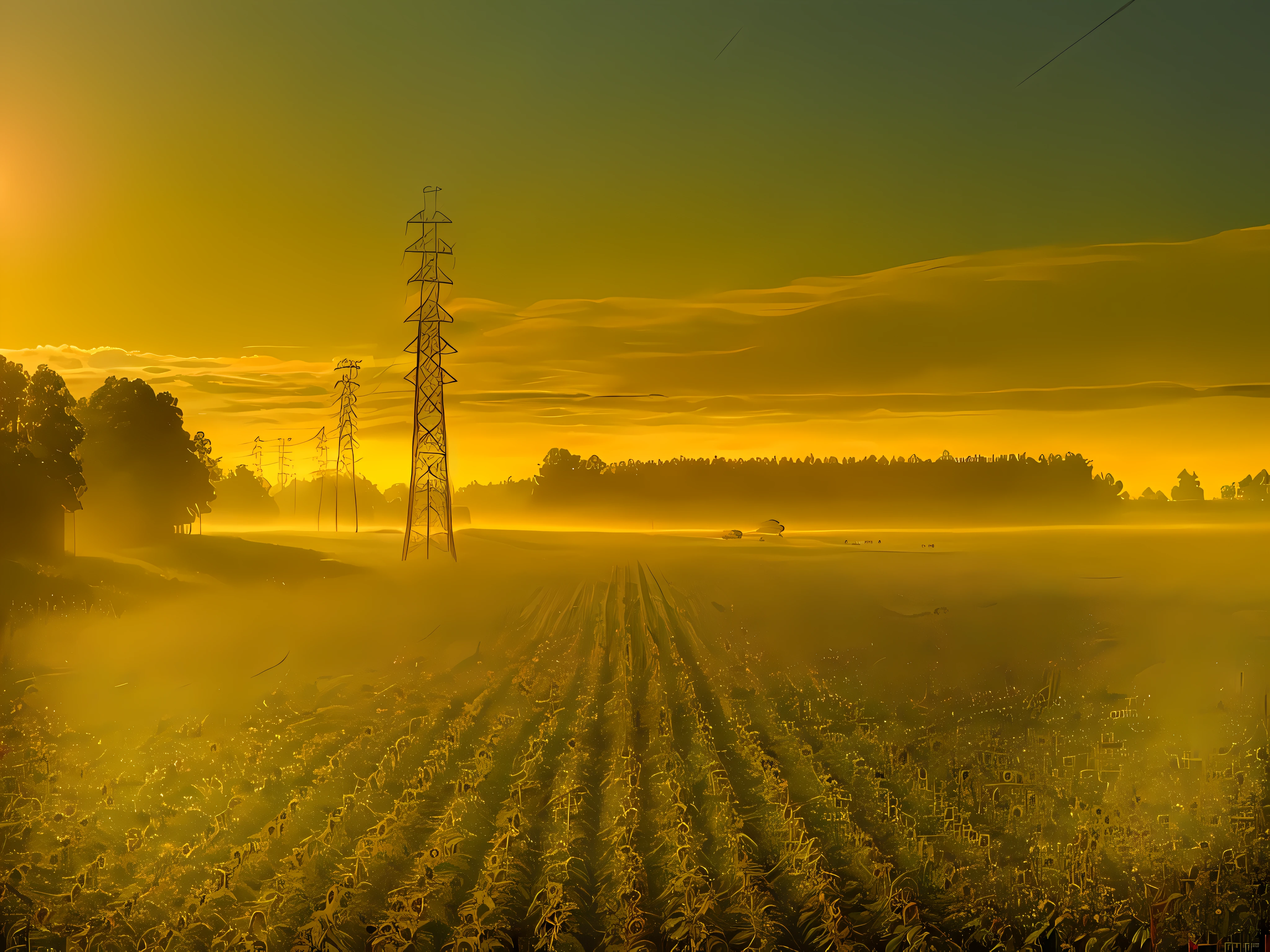 Araffed crop fields with electric lines in the distance, author:Karl Volk, Energy lines, summer morning, wired landscape, powerlines, author:Hans Schwarz, golden morning light, Sunflower field, Early morning light, early morning, Power lines, author:Werner Guzette, author:Thomas Hefner, high-quality picture, pylons