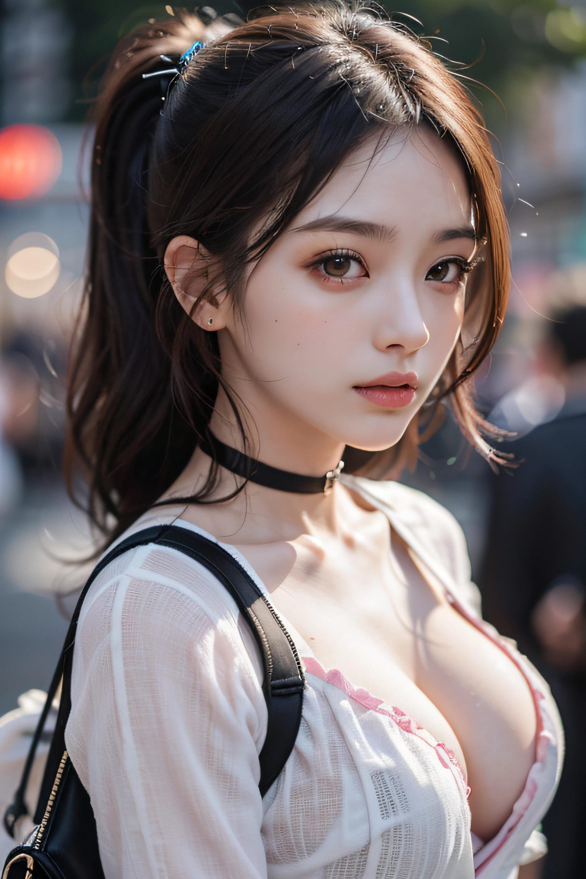 Best Quality Detail:1.2, realisitic, 8K UHD, hight resolution, 1girl in:1.2, The ultra-detailliert, High quality textures, intricate detailes, detaileds, Very detailed CG, High quality shadows, Detail Beautiful delicate face, Detail Beautiful delicate eyes, depth of fields, Ray traching, in her 20s, Pretty Kpop Girl, Korean Urzan Face:1.1, Slender face, ulzzang -6500-v1.1:0.6, pureerosface_v1, gloweyes, teak, Glossy lips, perfectbody, a choker、 of the breast、 hair、poneyTail:1.1, Street, Particle, look at viewr, Photorealsitic:1.4, ultra-detailliert, photos realistic, 4K 8K UHD Full Color RAW Photos, Fuji Film(Medium format:1.2), Hasselblad:1.2, Carl zeiss:1.1, Incredible dynamic range photography(UTIL_Art by Smoose-768:1.1), hight resolution, High pixel count, clear details, crisp image, Natural color reproduction, Noise Reduction, High fidelity, qulity, Software Improvements, Upscaling, Optimized algorithms, Pro-level retouching、((Shibuya, tokyo prefecture))、On the way to shopping、((Fashionable clothes with a very high design))、Casual Tracksuit: Sporty and casual tracksuit、Fashionable style