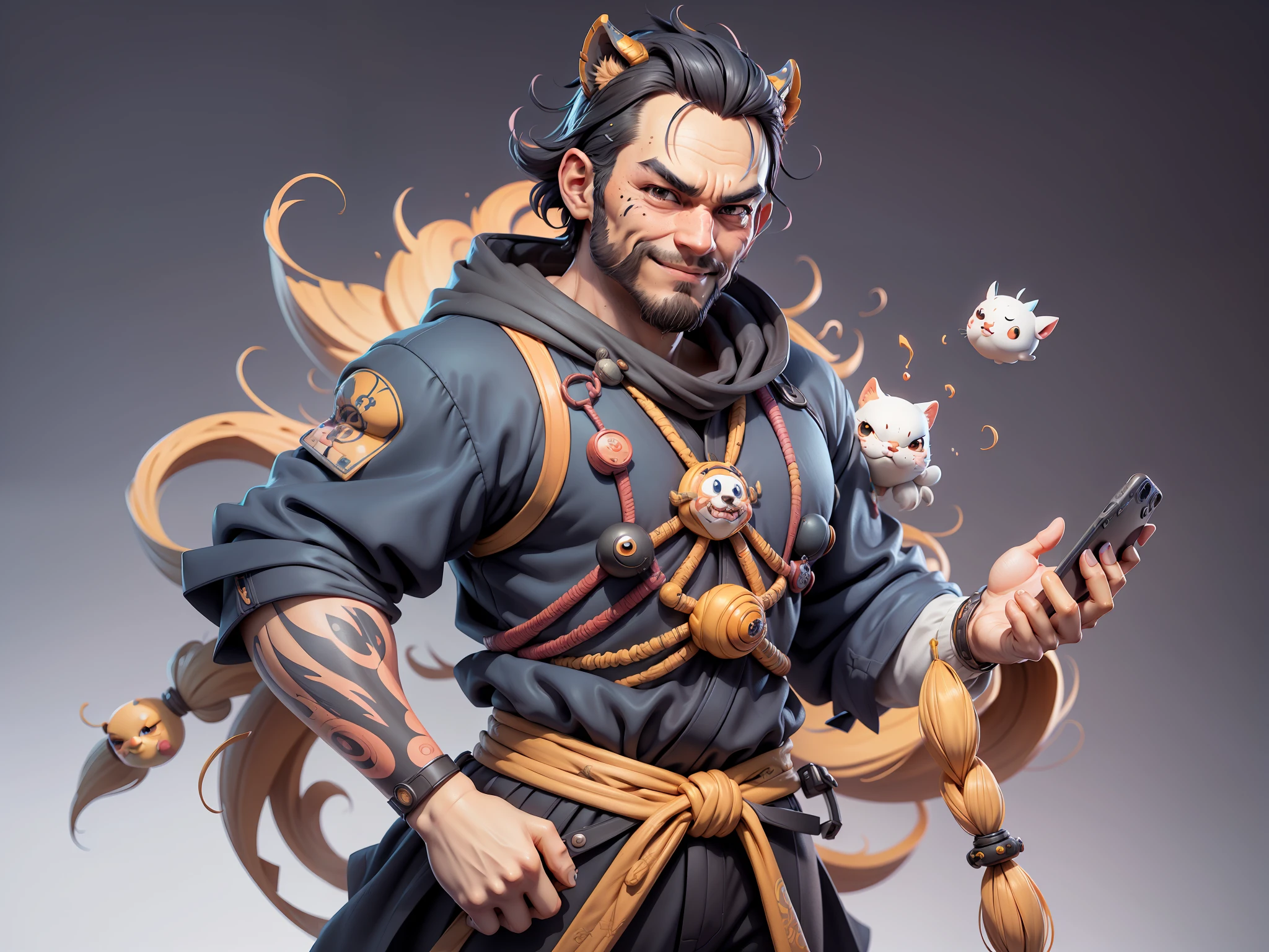 (Daisaku),(Need),(Super meticulous),(full bodyesbian:1.2),Super young man with Japanese geisha,Beautiful,orient,one tiger,Aeolian Thor,Raised sexy,爆乳,Oriental face,TV Anchor,Bust portrait illustration,In black suit,a blue tie,The face is slightly chubby,The face was clean,without a beard,Black super short hair,Black eyes,Smile confidently,3C computer sub-products,iPad, iphone,Digital painting,3D character design by Mark Clairen and Pixar and Hayao Miyazaki and Akira Toriyama,The illustration is a high-definition illustration in 4K resolution,With very detailed facial features and cartoon-style visuals。