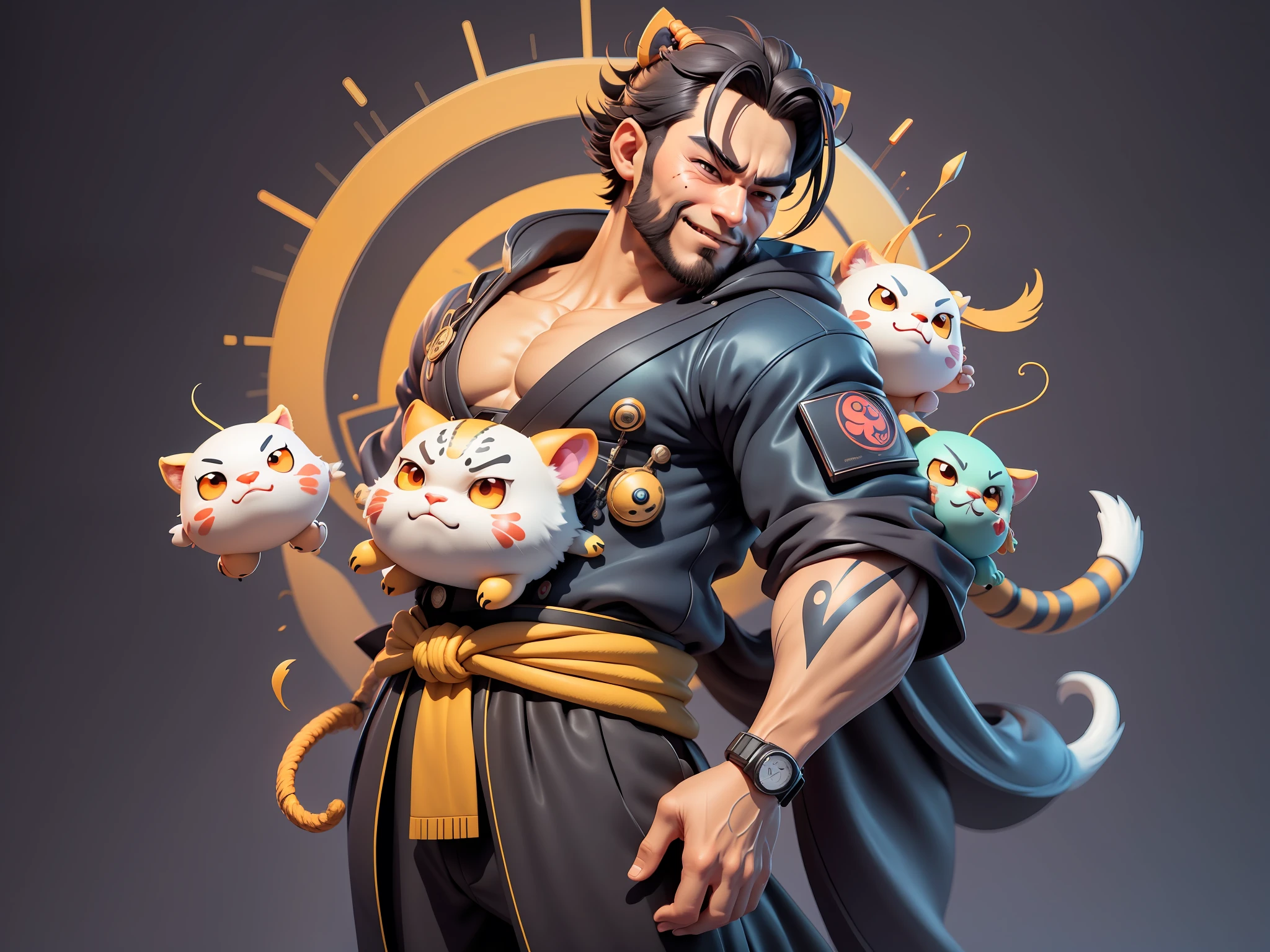 (Daisaku),(Need),(Super meticulous),(full bodyesbian:1.2),Super young man with Japanese geisha，Beautiful，orient，one tiger，Aeolian Thor，Raised sexy，爆乳，Oriental face，TV Anchor，Bust portrait illustration，In black suit，a blue tie，The face is slightly chubby，The face was clean，without a beard，Black super short hair，Black eyes，Smile confidently，3C computer sub-products，iPad， iphone，Digital painting，3D character design by Mark Clairen and Pixar and Hayao Miyazaki and Akira Toriyama，The illustration is a high-definition illustration in 4K resolution，With very detailed facial features and cartoon-style visuals。