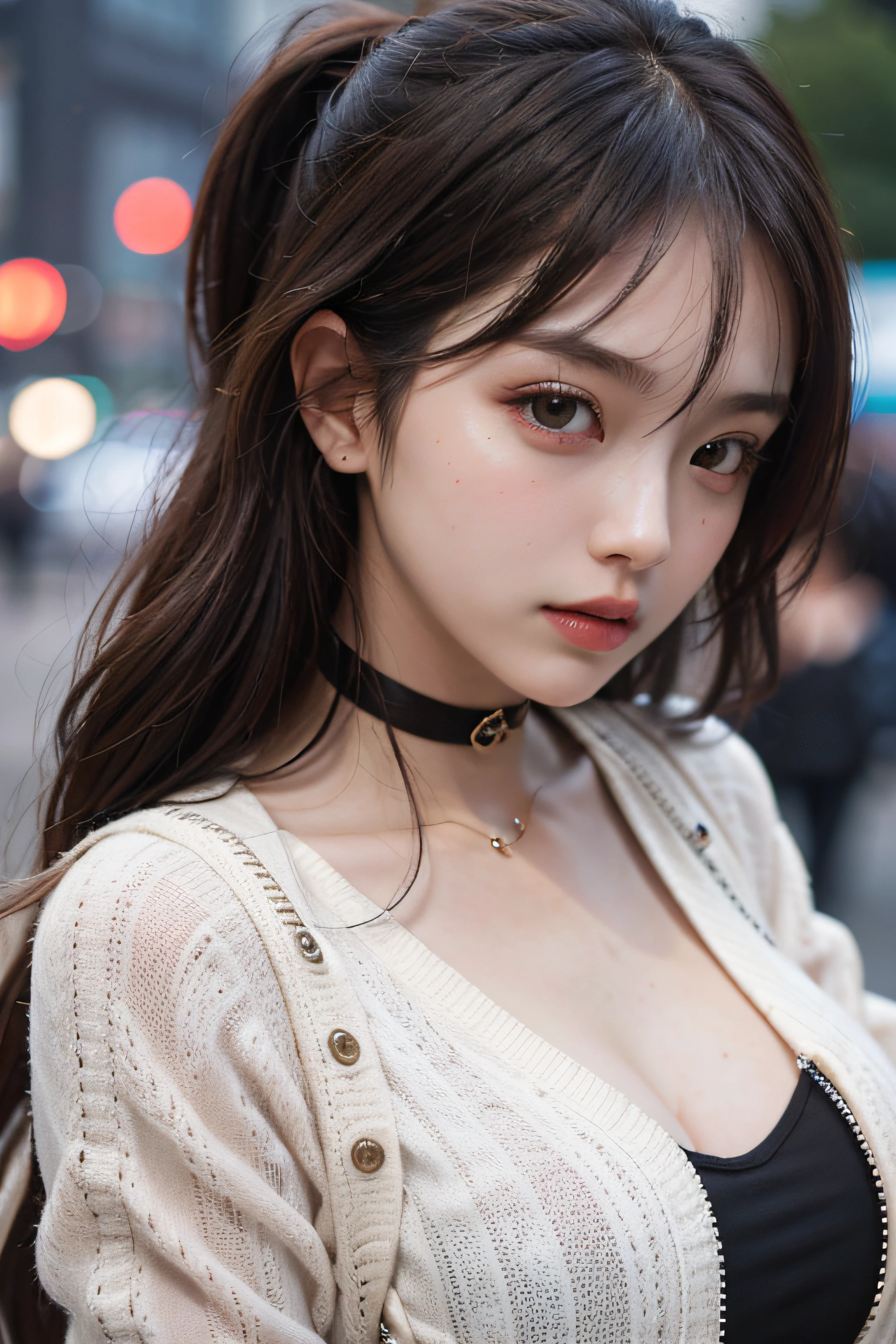 Best Quality Detail:1.2, realisitic, 8K UHD, hight resolution, 1girl in:1.2, The ultra-detailliert, High quality textures, intricate detailes, detaileds, Very detailed CG, High quality shadows, Detail Beautiful delicate face, Detail Beautiful delicate eyes, depth of fields, Ray traching, in her 20s, Pretty Kpop Girl, Korean Urzan Face:1.1, Slender face, ulzzang -6500-v1.1:0.6, pureerosface_v1, gloweyes, teak, Glossy lips, perfectbody, a choker、cleavage of the breast、 Brown hair、poneyTail:1.1, Street, Particle, look at viewr, Photorealsitic:1.4, ultra-detailliert, photos realistic, 4K 8K UHD Full Color RAW Photos, Fuji Film(Medium format:1.2), Hasselblad:1.2, Carl zeiss:1.1, Incredible dynamic range photography(UTIL_Art by Smoose-768:1.1), hight resolution, High pixel count, clear details, crisp image, Natural color reproduction, Noise Reduction, High fidelity, qulity, Software Improvements, Upscaling, Optimized algorithms, Pro-level retouching、((Shibuya, tokyo prefecture))、On the way to shopping、((Fashionable clothes with a very high design))、Casual Tracksuit: Sporty and casual tracksuit、Fashionable style