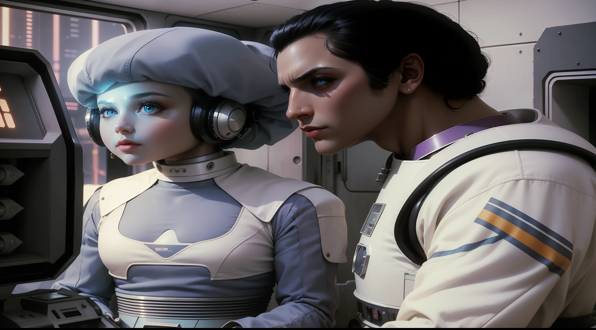 4k picture of a 1970's sci-fi movie, Stanley Kubrick's movie picture, pastel colors, people wearing retro-futuristic fashion clothes and futuristic technological ornaments and devices, natural light, cinematic, psychedelia, retro-futuristic, photo-realistic, wax skin, perfect eyes, perfect hands, perfect hair, rich face details, hyper detailed, hyper realistic, real skin texture, real fabric textures, sharp background details, sharp render.