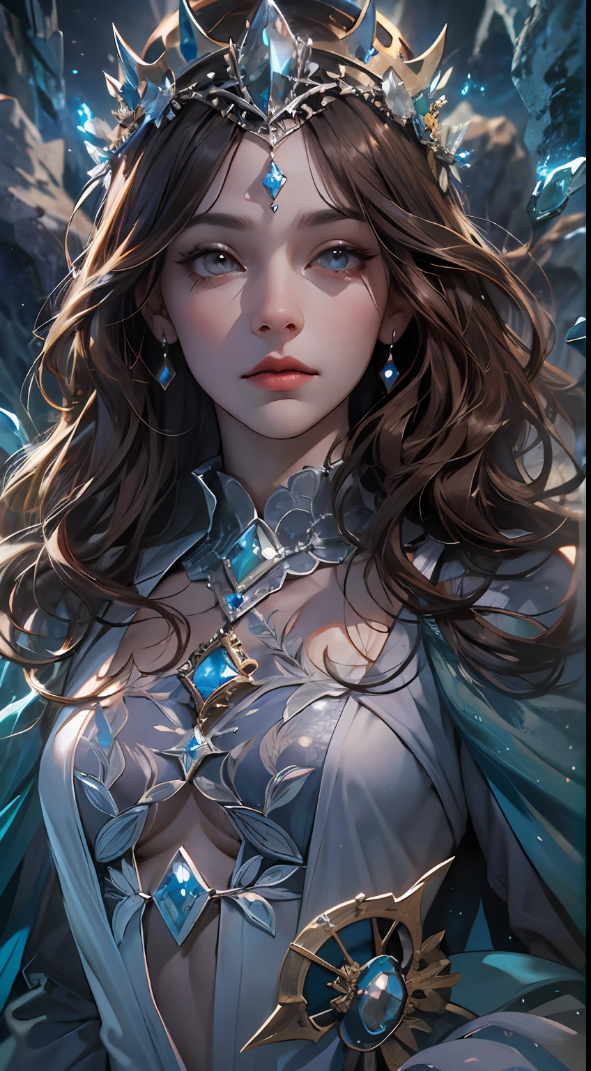 (absurdres, highres, ultra detailed), 1woman, mature female, aged up, wavy long hair, auburn hair, coral eyes, bangs, long sleeves, finely detailed eyes and detailed face, extremely detailed CG unity 8k wallpaper, intricate details, (style-swirlmagic:1.0),  looking at viewer, solo, upper body, detailed background, close up,  detailed face, (gothic dark ages theme:1.1), crystal sorcerer,  dynamic pose, earth themed clothes, crystal crown,  floating in the air, glowing magical shards, surrounded by blue magical crystals,  rock formations, stalactites,  magical floating particles, crystal glass,  crystal sphere, crystal canyon background, (shallow water:0.7),  epic ethereal atmosphere,   updraft,, portrait