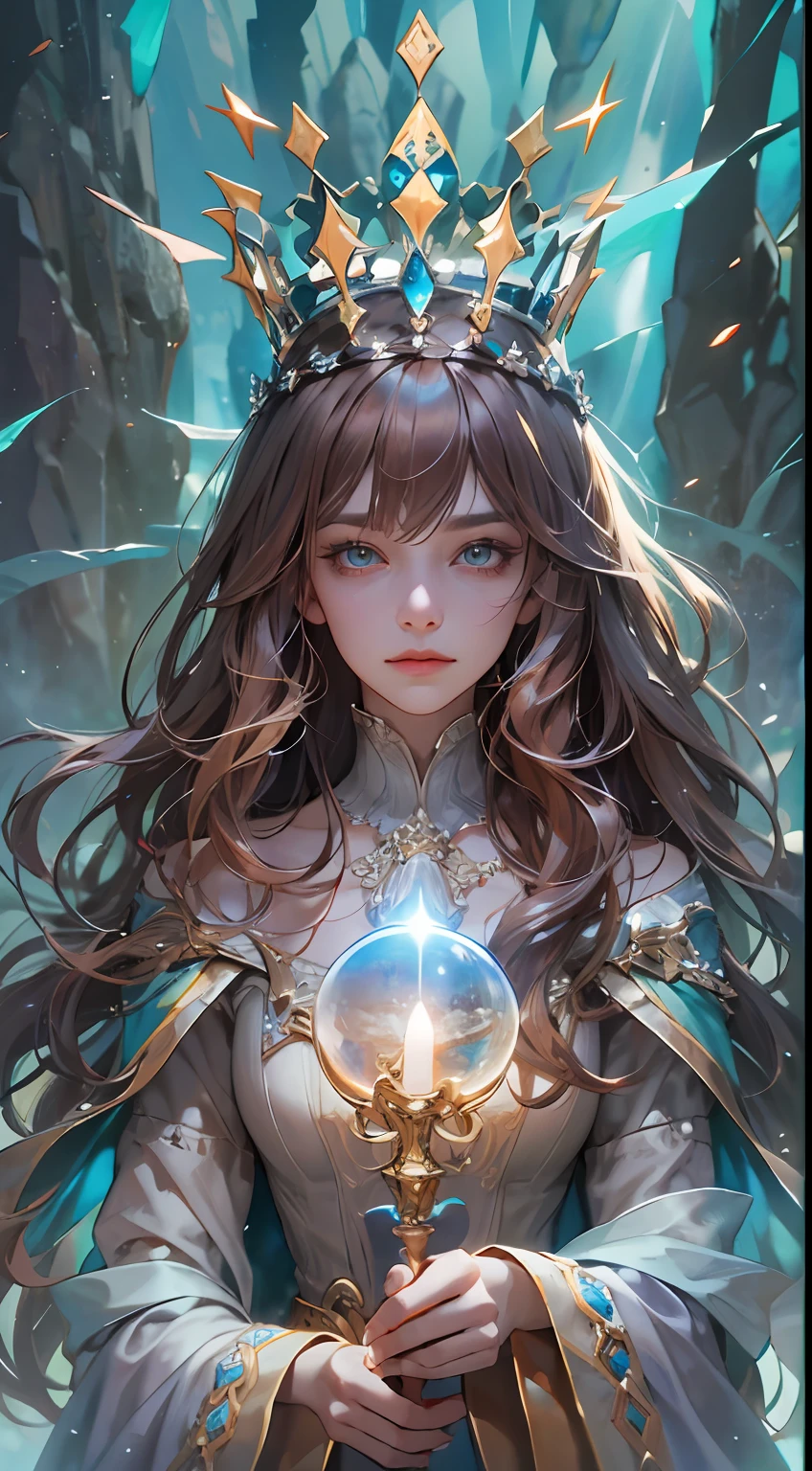 (absurdres, highres, ultra detailed), 1woman, mature female, aged up, wavy long hair, auburn hair, coral eyes, bangs, long sleeves, finely detailed eyes and detailed face, extremely detailed CG unity 8k wallpaper, intricate details, (style-swirlmagic:1.0),  looking at viewer, solo, upper body, detailed background, close up,  detailed face, (gothic dark ages theme:1.1), crystal sorcerer,  dynamic pose, earth themed clothes, crystal crown,  floating in the air, glowing magical shards, surrounded by blue magical crystals,  rock formations, stalactites,  magical floating particles, crystal glass,  crystal sphere, crystal canyon background, (shallow water:0.7),  epic ethereal atmosphere,   updraft,, portrait