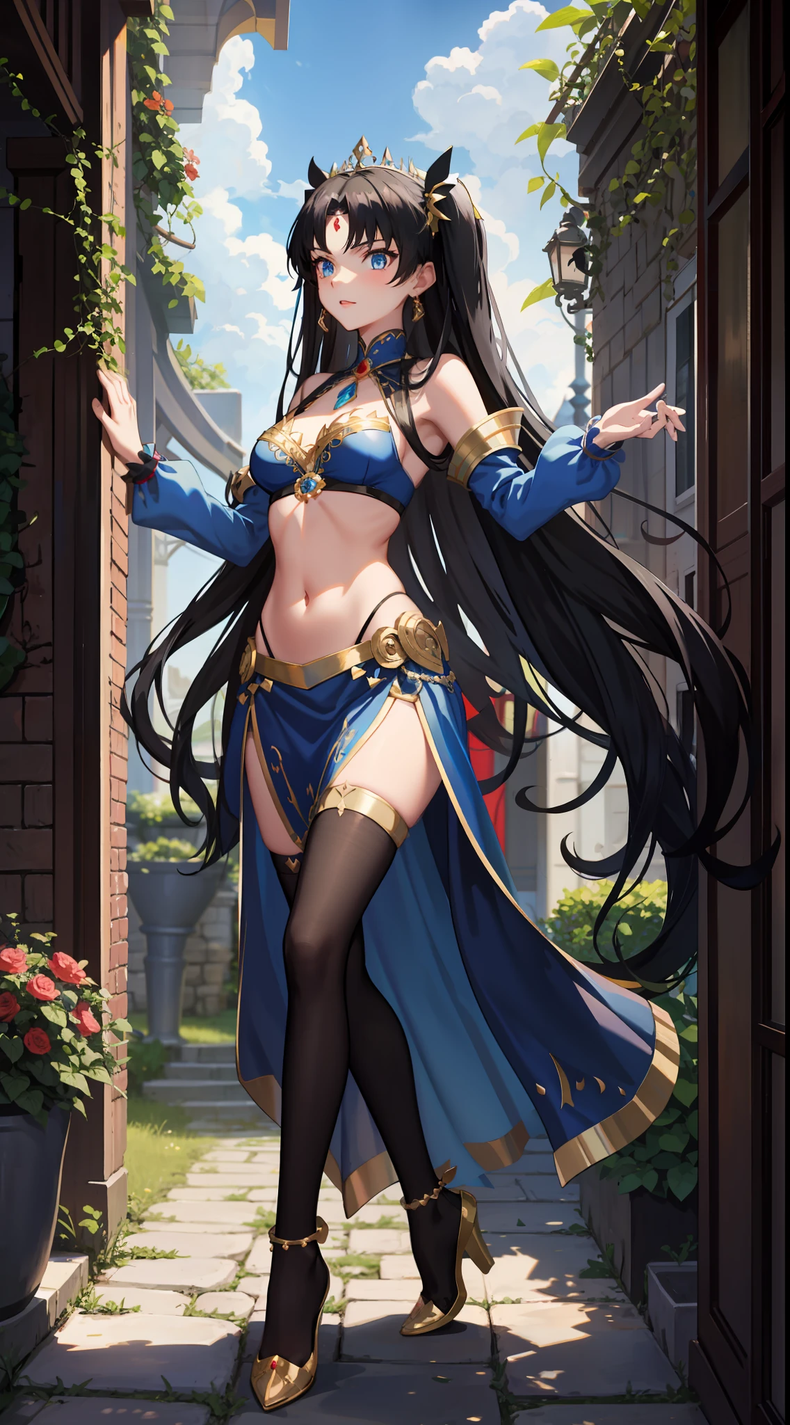 long hair, black hair, medium breast, slim legs, happy, blue gown, cleavage, arabian belly dancer , short skirt, rin tohsaka, twin tail, navel, garden, blue eyes, tiara, standing, thigh high socks, sunlight,