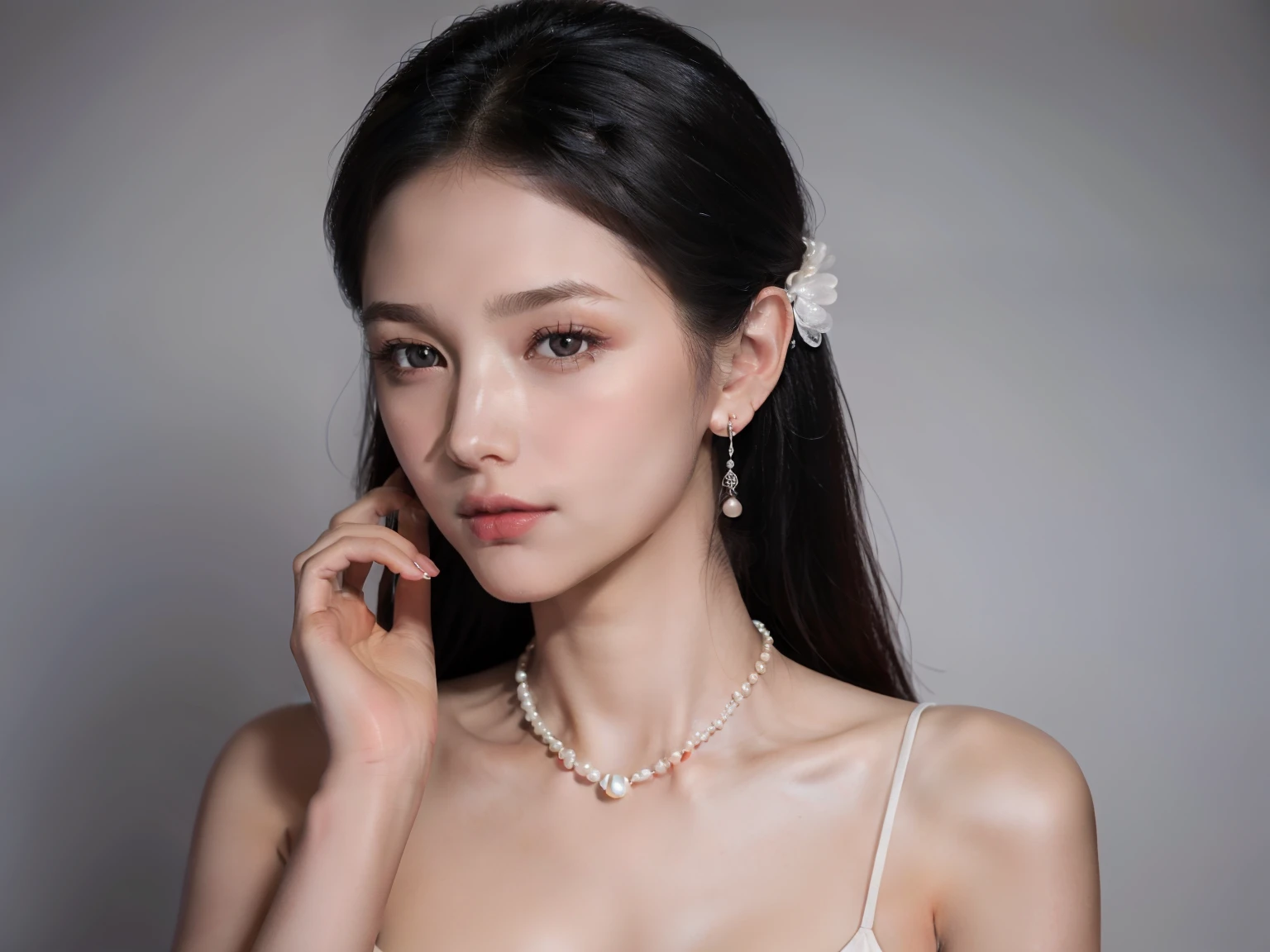 Longing for a woman in a white dress,Place your hands on your neck, earring, prominent jawline, photo of a hand jewellery model, wearing elegant jewellery, Wearing pearl earrings, fine simple delicate structure, pale glowing skin, soft flawless pale skin, woman with porcelain skin, young beautiful woman, Smooth porcelain skin, Youthful face, smooth glowing skin, Angular jawline