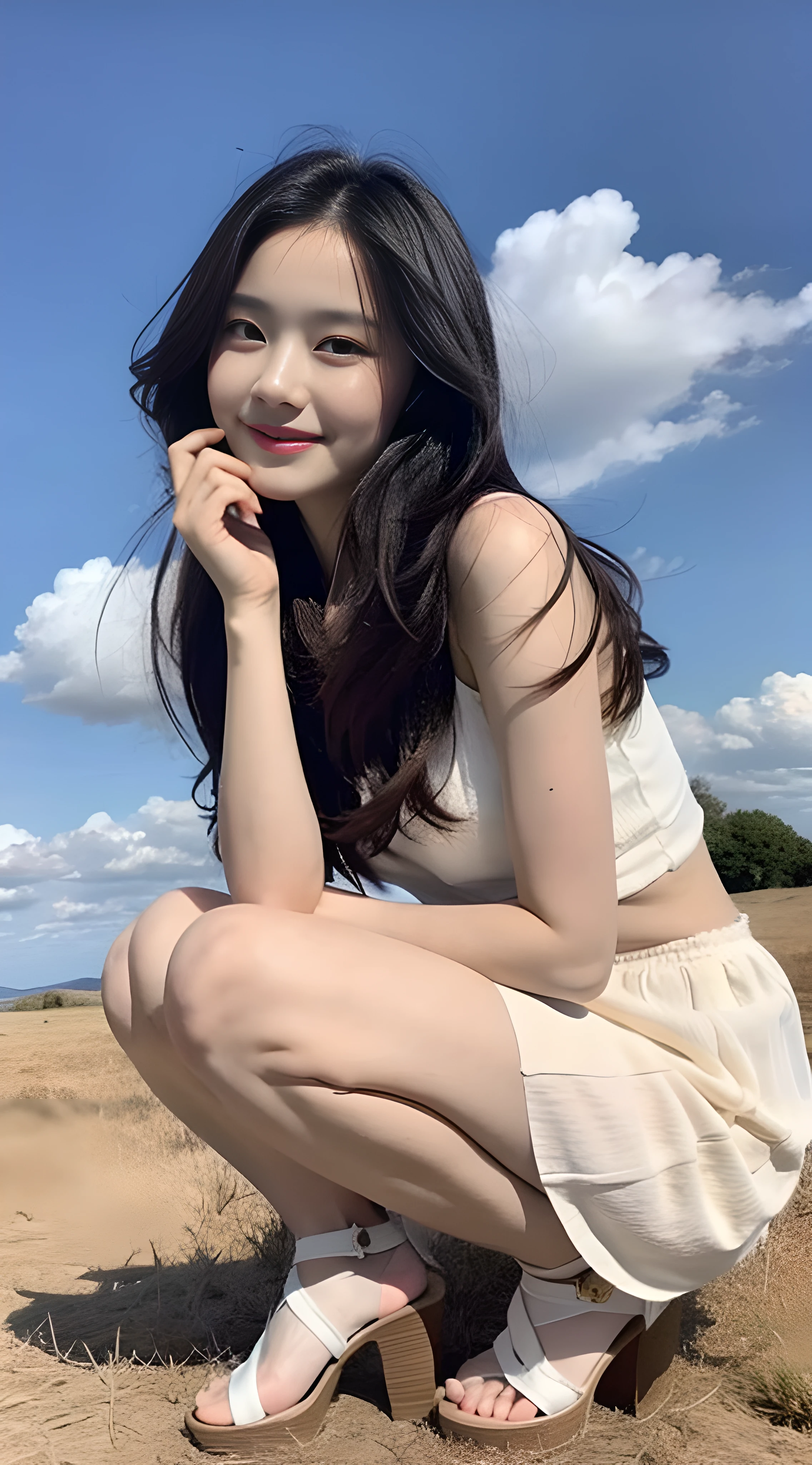 a young, Beautiful cute girl，Full body photo，Extremely beautiful and delicate，Black color hair，A sweet smile，Delicate and beautiful fair skin，Realistic and realistic，exquisite and complete facial features，Detailed depiction of the face，tall nose bridge，Smooth hair，extremely detail hair，Feminine temperament，Fill your face light，Tall and tall，Thin，Realiy，Hyper-realism，Platform sandals，full body shot shot，Forward tilt angle,Extreme picture quality,Highest precision,Precise and perfect human anatomy。with blue sky and white clouds，Sitting on the Steppe，with blue sky and white clouds，rays of sunshine，Cows, sheeps, (White chiffon skirt)Panties are clearly visible. （telephoto shot，）Express the landscape，Highlight portrait。Delicate fingers