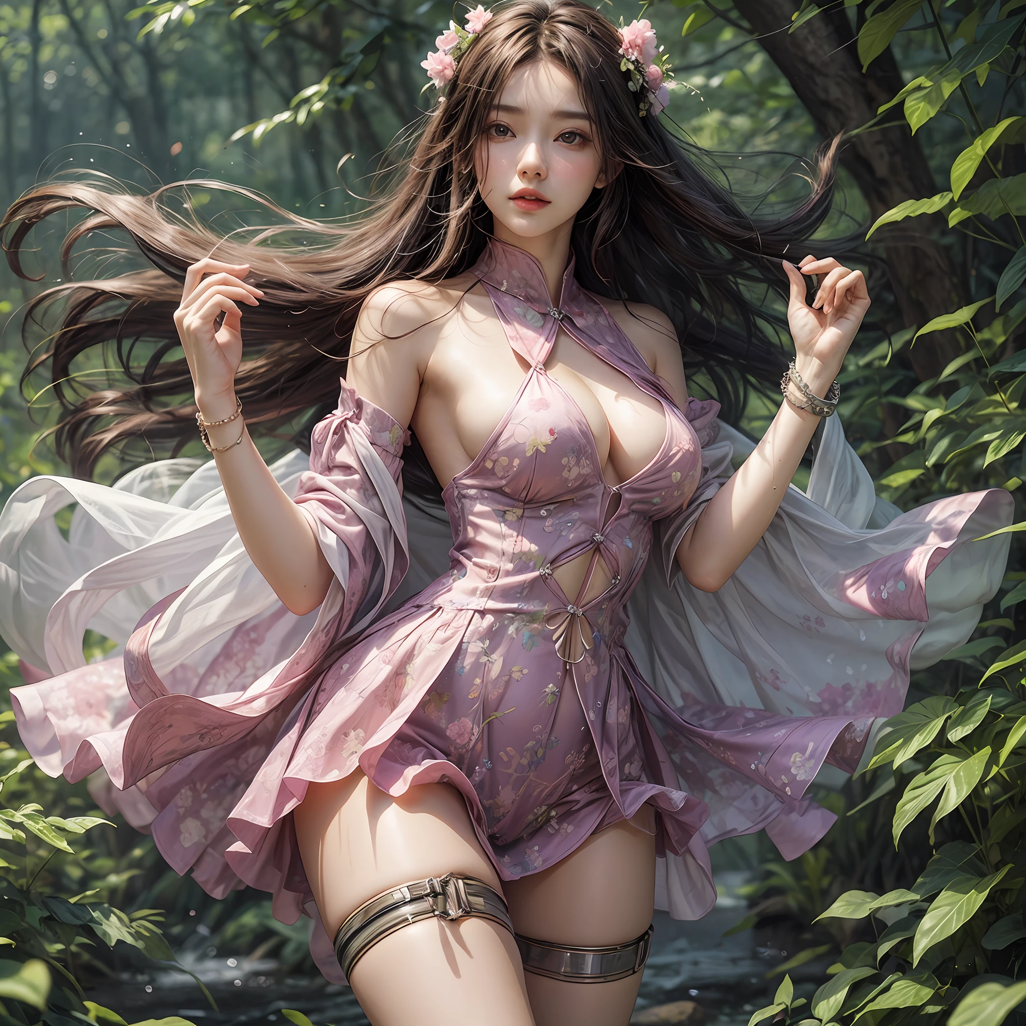 Holding a large see-through stole with pale pink floral pattern with both hands、Swaying in the wind。Lilac、Kimono、shackle、Halter Neck Bodysuit、Rubber Suit Corset、garterbelts、Upper eye、light-colored skin and loose navel skin,,,,,,。Skirt flutters in the wind and spreads。Dynamic Posing。Dancing Poses。
Loose clothing shows shoulders。Very beautiful girl at 19 years old。
Hair swaying in the wind。 masutepiece、Best Photoreal、portlate、Sheer clothing、wetted skin、Wet hair、Sexy look、Functional、Bewitching、Clothes with an open back、Oblique composition、Waterfall in the forest、Big hair ornament、Medium chest、Navel Ejection、Shiny knee-high socks、Bold open chest clothes、、hair adornments