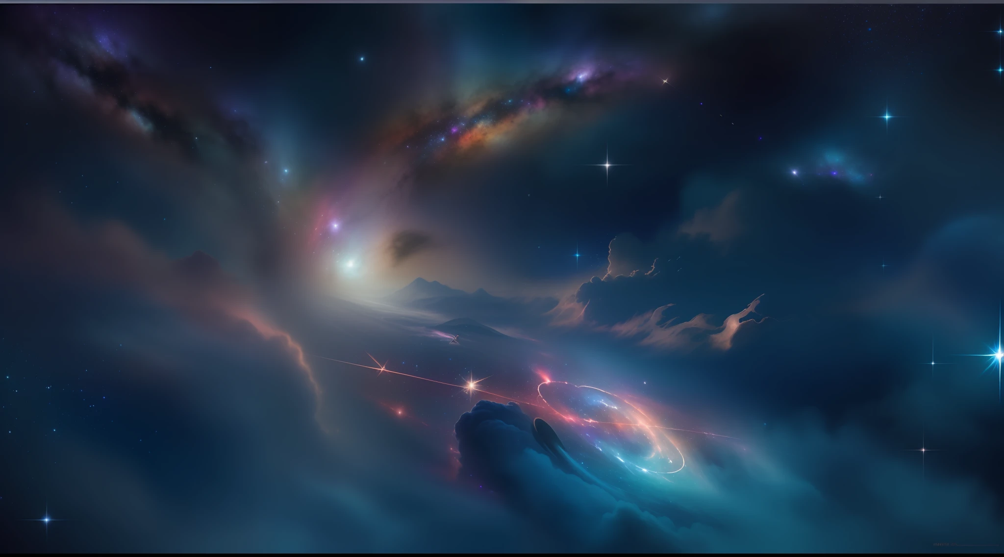 Create a relaxed image, Dark Universe. Scene of serene celestial beauty in the vastness of space, Where distant stars twinkle like guiding lights. Breathtaking nebulae and colorful galaxies inspire amazement and awe. Blended with soothing tones and indigo, Deep purple, Eta、Warm sky shades that create an atmosphere of peace and tranquility.