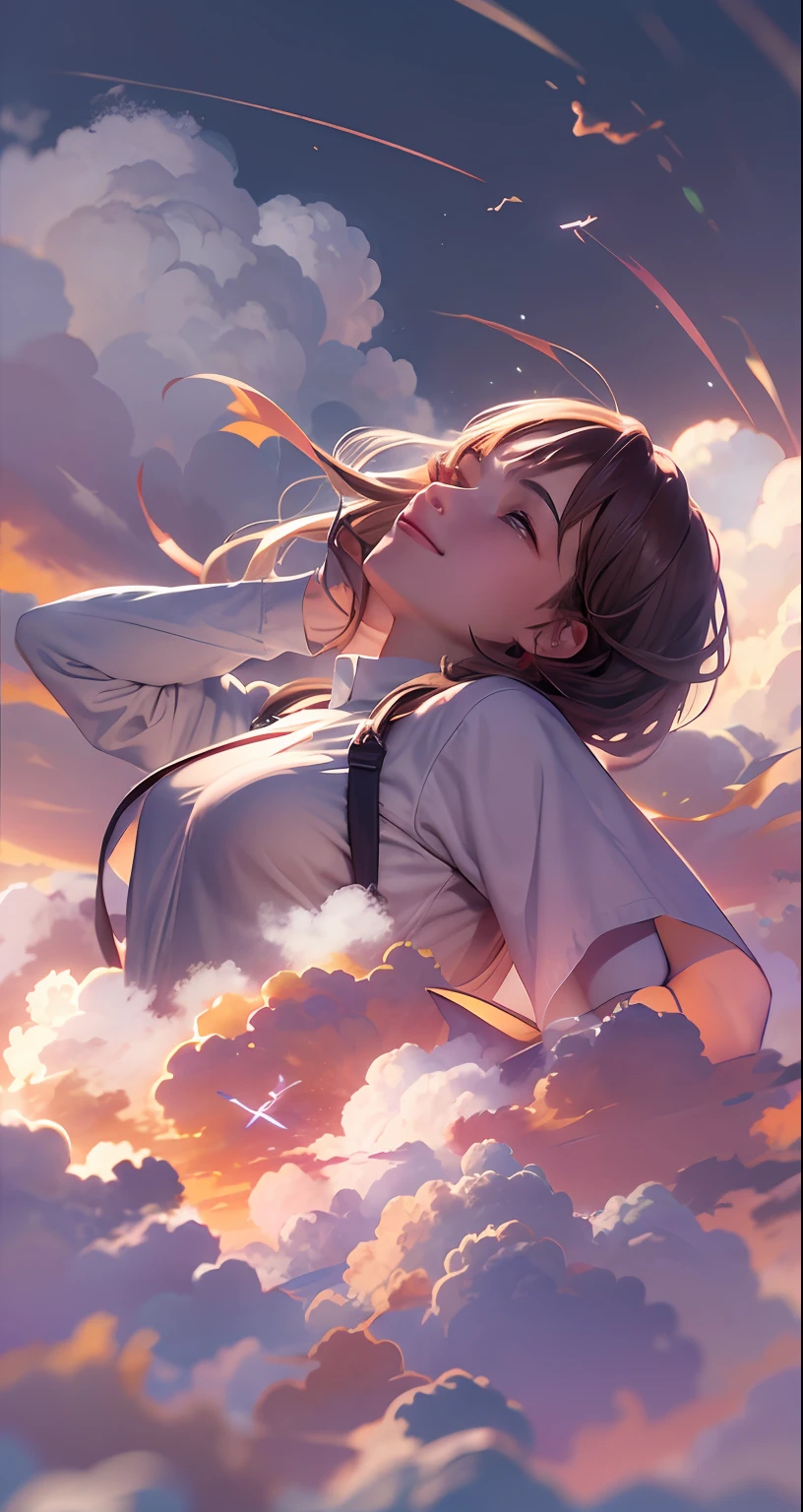 masterpiece, best quality, movie still, 1girl, cloud girl, floating in the sky, close-up, bright, happy, warm soft lighting, sunset, (sparks:0.7)