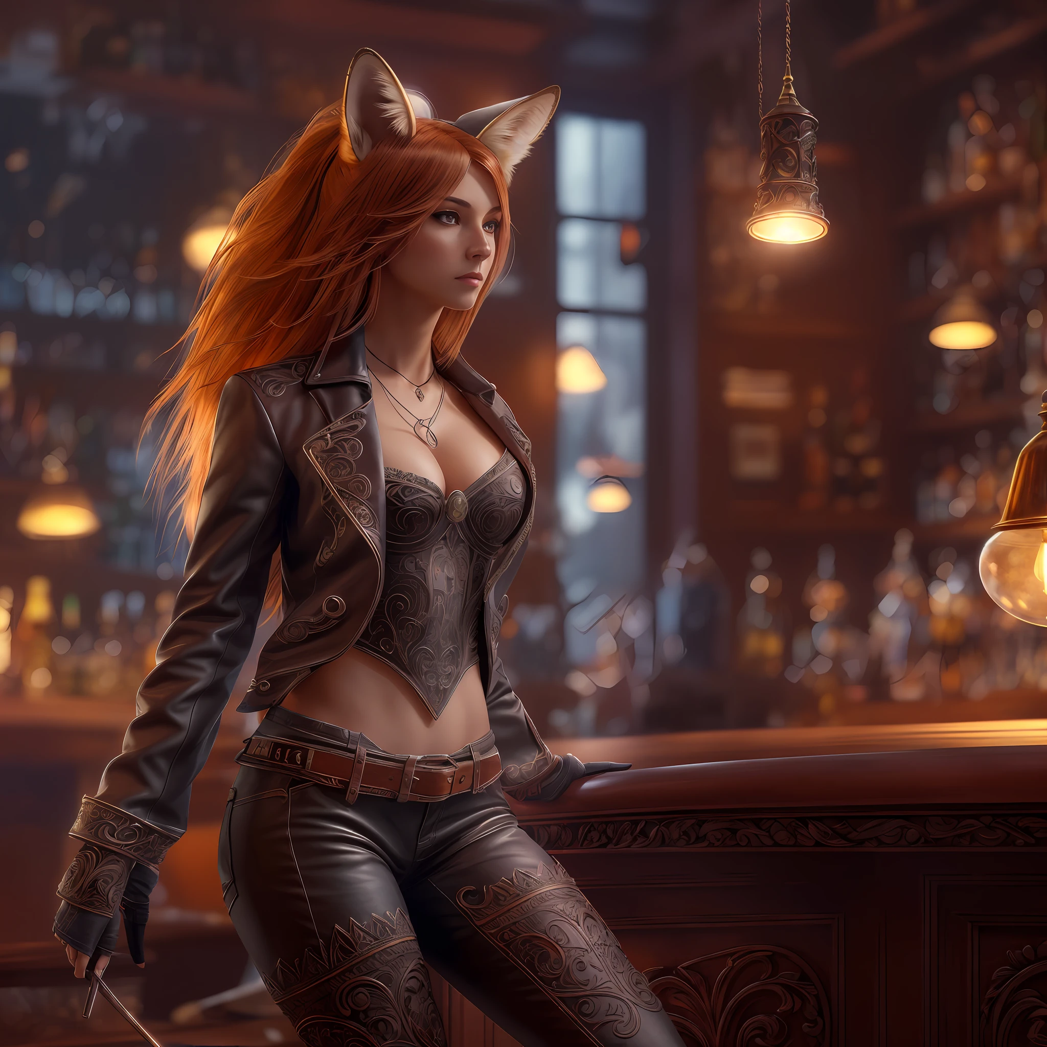 high details, best quality, 8k, [ultra detailed], masterpiece, best quality, (extremely detailed), dynamic angle, ultra wide shot, RAW, photorealistic, realistic art, a wide angle picture of a female with fox charateristics, fox ears, fox tail, in a bar,  full body, [[anatomically correct]]. dynamic position (1.5 intricate details, Masterpiece, best quality) bar backgrounds (1.5 intricate details, Masterpiece, best quality), a female  wearing smart leather suit (1.4 intricate details, Masterpiece, best quality), high heeled boots, fox tail, red hair, long hair, dynamic hair, intense eyes, bar background background (intense details), lamp light, depth of field (1.4 intricate details, Masterpiece, best quality), dynamic angle, (1.4 intricate details, Masterpiece, best quality) 3D rendering, high details, best quality, highres, ultra wide angle