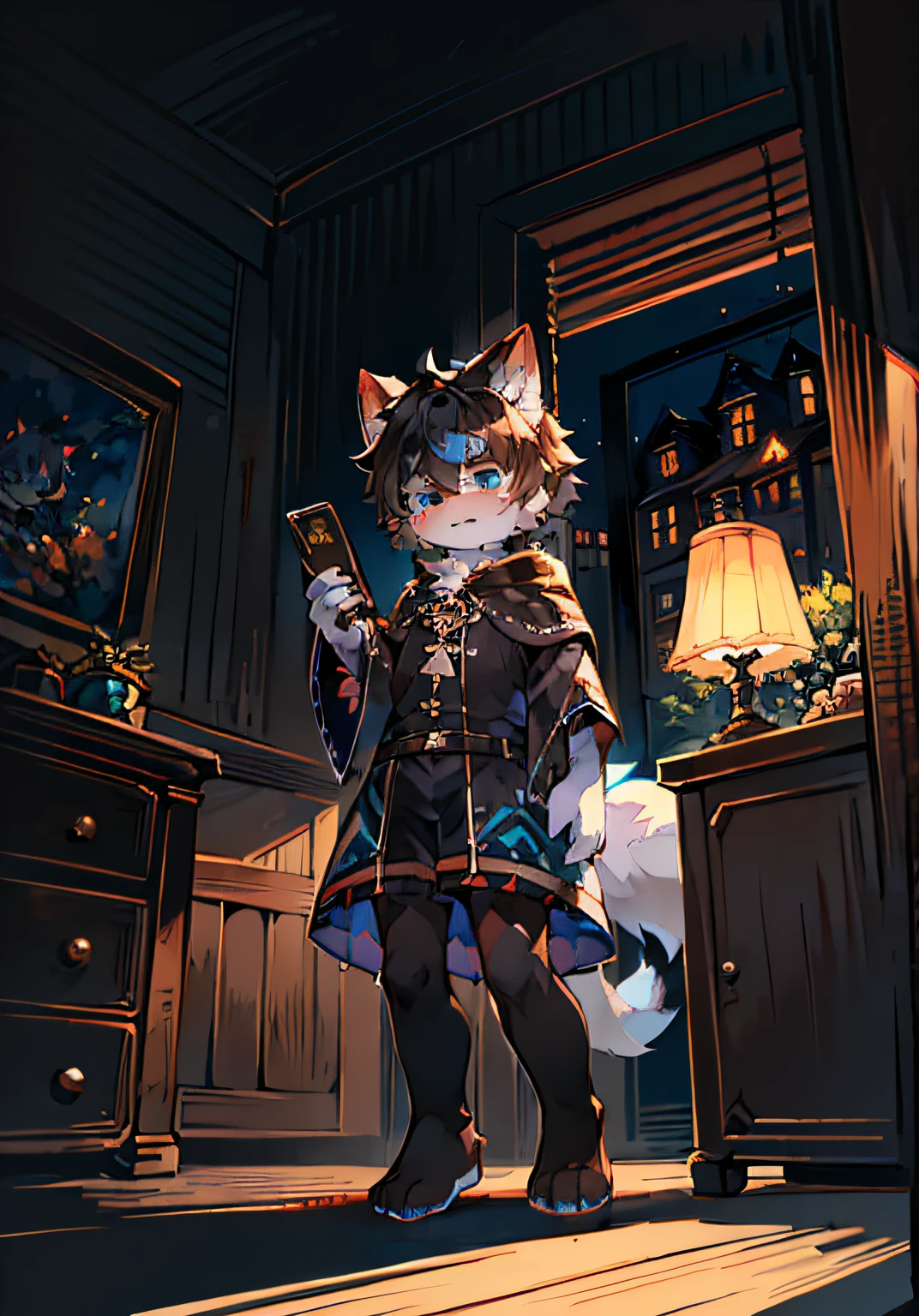 (ambiente dark:0.8),masterpiece,high quality,abstract res,digital painting\(artwork\), by dagasi, yupa,kiyosan,(anthro,fluffy fur,character focus:1.1),anthro male cat,short hair,portrait , eyes with brightness, in a panoramic view, Character focus.(detailedbackground:0.7), 独奏, shaggy, shaggy male, malefocus, anthr,(Full Body Furry, Fluffy tail, White fur, blue color eyes, black color hair:1.2), (long canines、Vampires、cloaks：1.2），（interiors、the night、borgar、casket：1.1）