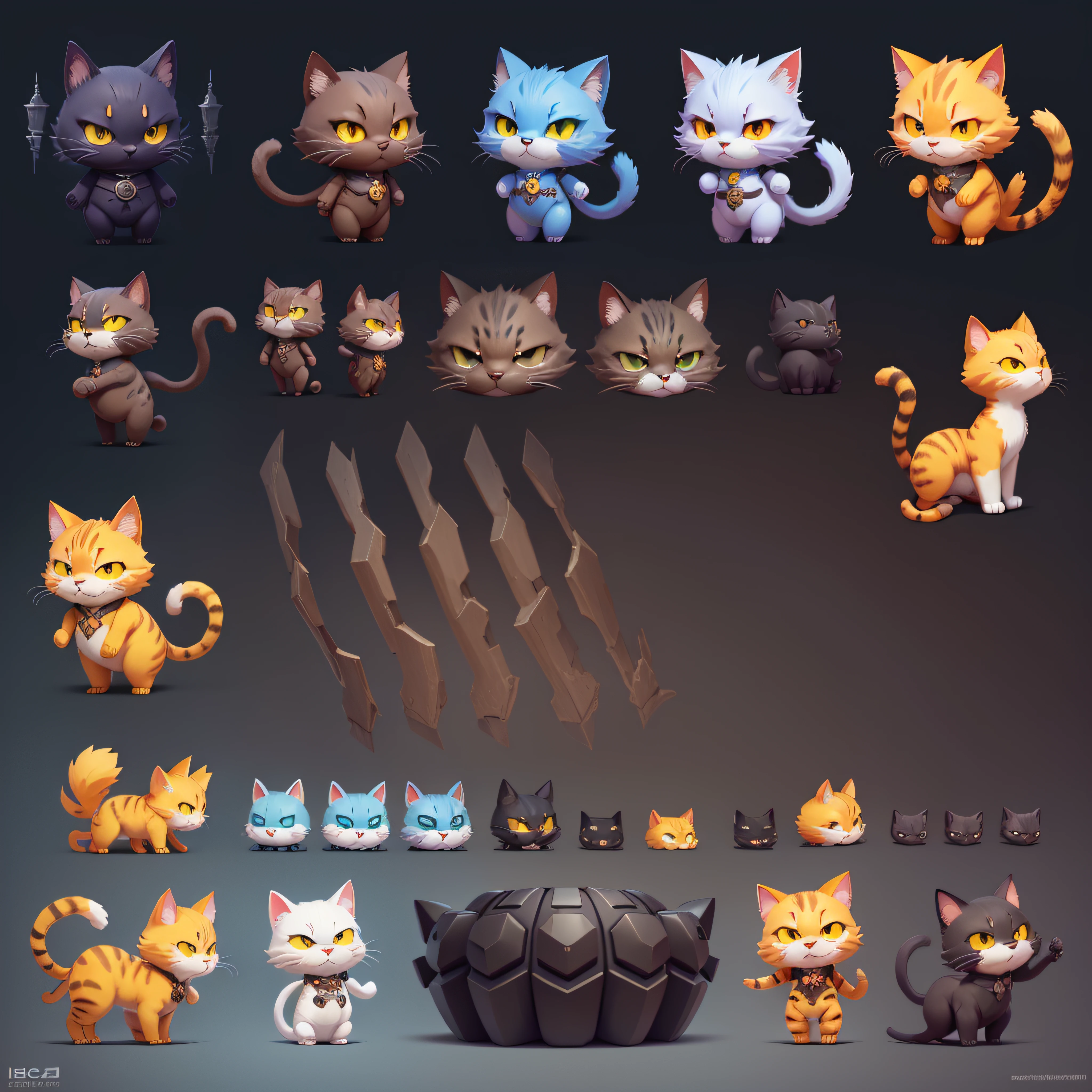 A bunch of close-ups of cat characters with different expressions，catss，Game character design，PSD sprite table，game concept art sprite sheet，Lovely detailed digital art，isometric game asset，game assets，A set of high-quality HD sprites，2D game assets，High-quality character design，robotic cat，Cartoon concept art