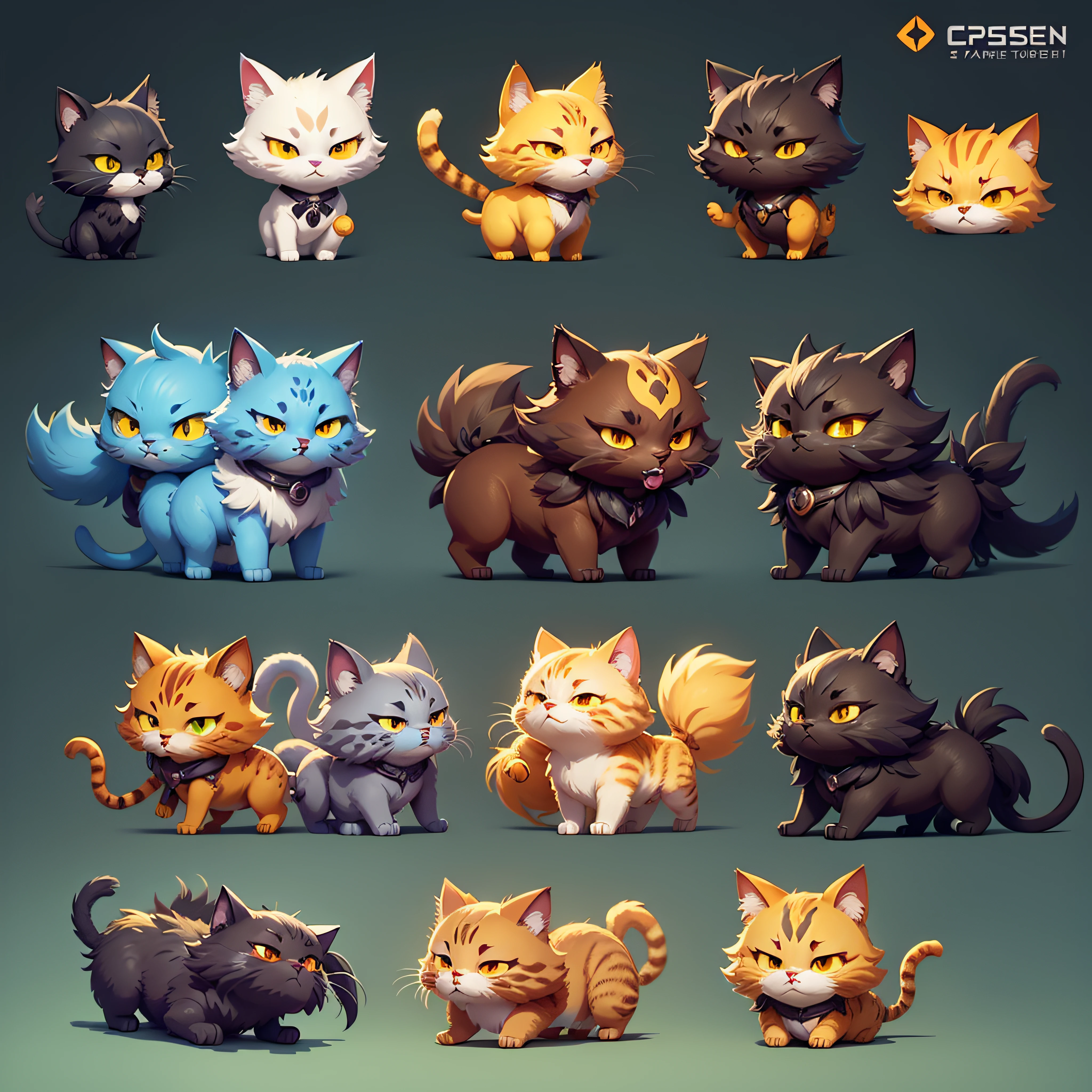 A bunch of close-ups of cat characters with different expressions，catss，Game character design，PSD sprite table，game concept art sprite sheet，Lovely detailed digital art，isometric game asset，game assets，A set of high-quality HD sprites，2D game assets，High-quality character design，robotic cat，Cartoon concept art
