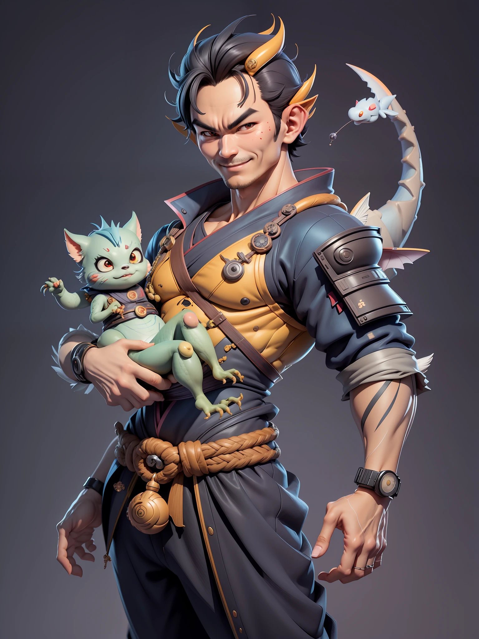 (Daisaku),(Need),(Super meticulous),(full bodyesbian:1.2),Super young man with Japanese geisha,Beautiful,Oriental dragon,Aeolian Thor,Raised sexy,爆乳,Oriental face,TV Anchor,Bust portrait illustration,In black suit,a blue tie,The face is slightly chubby,The face was clean,without a beard,Black super short hair,Black eyes,Smile confidently,3C computer sub-products,iPad, iphone,Digital painting,3D character design by Mark Clairen and Pixar and Hayao Miyazaki and Akira Toriyama,The illustration is a high-definition illustration in 4K resolution,With very detailed facial features and cartoon-style visuals。