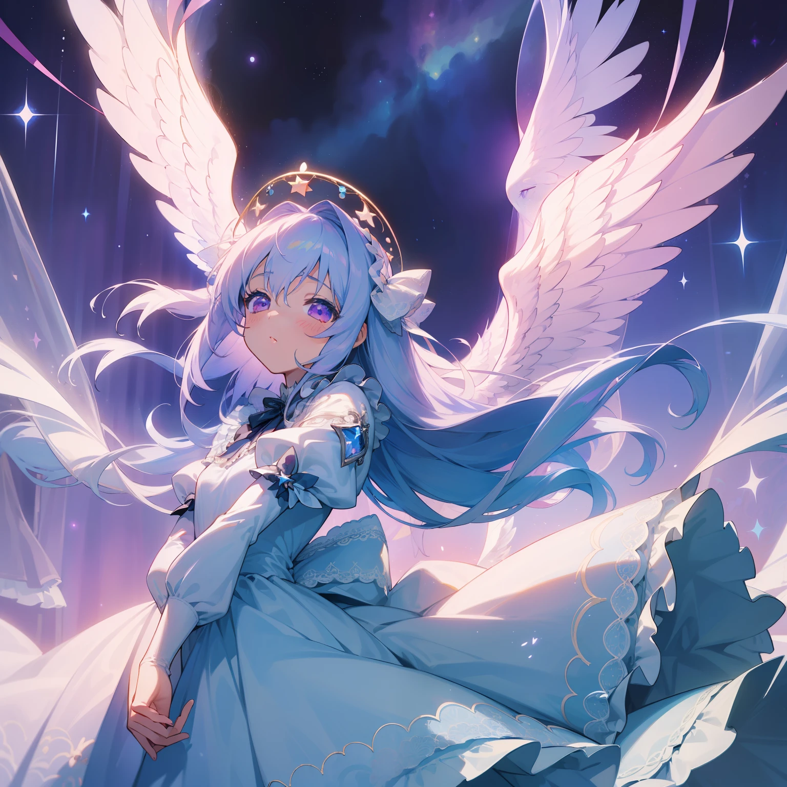 (Top image quality)、(ultra-detailliert)、(Facing the front)、top-quality、masterpiece、(((1girl in)))、Lori、girl with、angelicales、Angel wings、Circle of Angels、silber hair、silber hair、white hair、Longhaire、Light purple eyes、maid clothes、frilly dress、lots of ruffles、lots of ribbons、bow ribbon、PastelColors、stele、pop music、she has a cute expressive face、Fluffy and spreading hair、clouds、Fluffy clouds、intergalactic、(Twinkle)、fluffly、speculum、frilld、((Lace curtains))、(((starrysky)))、Celestial globe