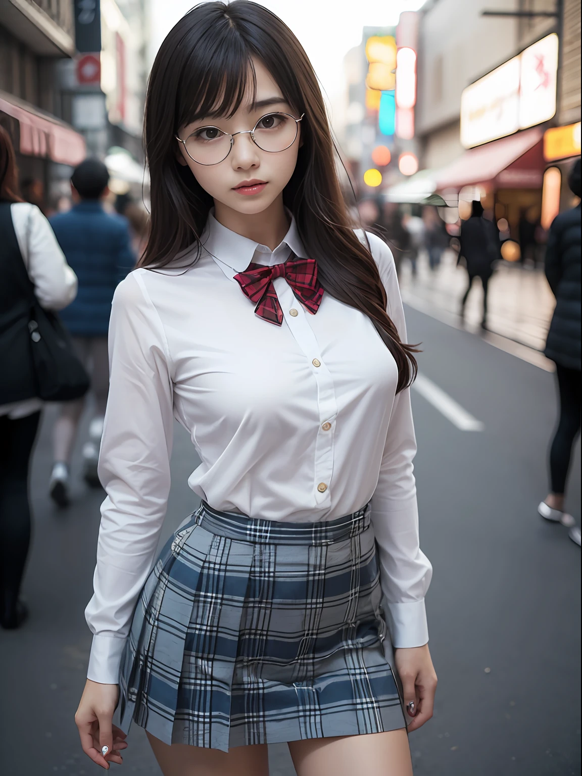 (8K、Raw photography、top-quality、masterpiece:1.2),absurderes,a small face,small tits,flat breast,Parting the bangs from the middle、Forehead visible,(Tight eyes,Bullish,skinny,Rasping,irate)、masterpiece,top-quality、超A high resolution,Raw photo,ren,Beautiful fece,One Person, 独奏,eye glass,,Dark look,Small breasts,fullllbody,Round glasses、cute little、A Japanese Lady,is standing,(Tight eyes,Bullish,skinny,Rasping,irate,small tits,flat breast)、(Photorealsitic:1.37)、Photon mapping,Light blue ribbon,Realistic、Cute little face,Brown-eyed、Black socks、(Red bow tie)、Radio City、Physically Based Rendering、Foreground、depth of fields、Blurry background、a picture,The girls、Body, Long legs, Thin leg,Semi-long,(Bangs are visible), hair, s lips, Blue_The eye, nosesoft,White shirt, Navy blue and white plaid pleated skirt, Knees are visible,Sheer clothing,, Thigh, Black cotton socks,Nogizaka Idol, 女優, Japanese ido