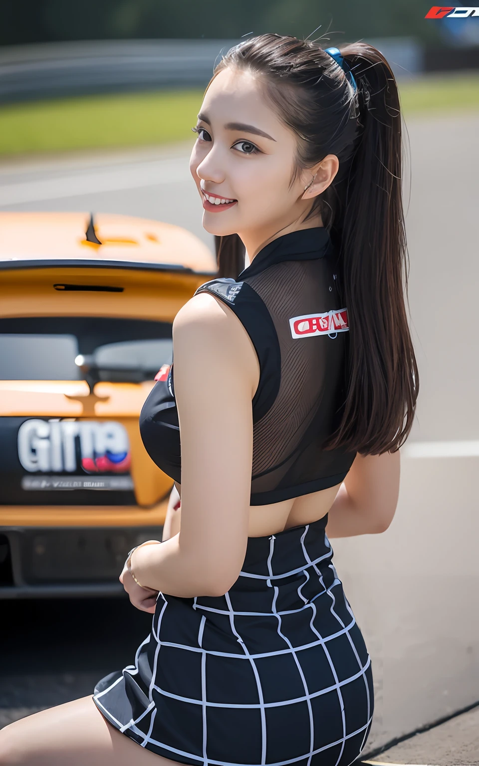 the Extremely Detailed CG Unity 8K Wallpapers, Best Quality, Ultra-detailed, masterpiece, Realistic, photograph realistic, extremely detailed cute girl, 25-years old, 
(Wearing a grid girl costume with sponsor's logo printed on it:1.3), (Mini skirt ) , (Sitting in a motorsport race),  (cleavage), blush , Half body shot , forehead , back shot