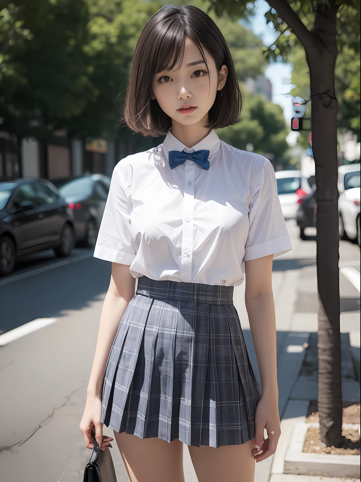 (8K、Raw photography、top-quality、masterpiece:1.2),absurderes,a small face,small tits,flat breast,Parting the bangs from the middle、Forehead visible,(Tight eyes,Bullish,skinny,Rasping,irate)、masterpiece,top-quality、超A high resolution,Raw photo,ren,Beautiful fece,One Person, 独奏,eye glass,,Dark look,Small breasts,fullllbody,Round glasses、cute little、A Japanese Lady,is standing,(Tight eyes,Bullish,skinny,Rasping,irate,small tits,flat breast)、(Photorealsitic:1.37)、Photon mapping,Light blue ribbon,Realistic、Cute little face,Brown-eyed、Black socks、(Red bow tie)、Radio City、Physically Based Rendering、Foreground、depth of fields、Blurry background、a picture,The girls、Body, Long legs, Thin leg,Semi-long,(Bangs are visible), hair, s lips, Blue_The eye, nosesoft,White shirt, Navy blue and white plaid pleated skirt, Knees are visible,Sheer clothing,, Thigh, Black cotton socks,Nogizaka Idol, 女優, Japanese ido