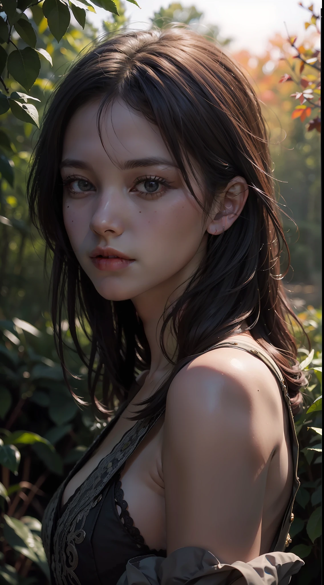(film photo:1.3) 中的 (Realistic portrait:1.3) A 25-year-old European woman in a village,the night,Dark fairytale beautiful dense autumn forest,deep dark background,16K HD,low angle shot,24mm lens,((Sharp focus:1.5)),((Depth of sharpness:1.5)),(Photorealistic:1.5),(Skin texture:1),Cinematic texture,ultra - detailed,highly-detailing