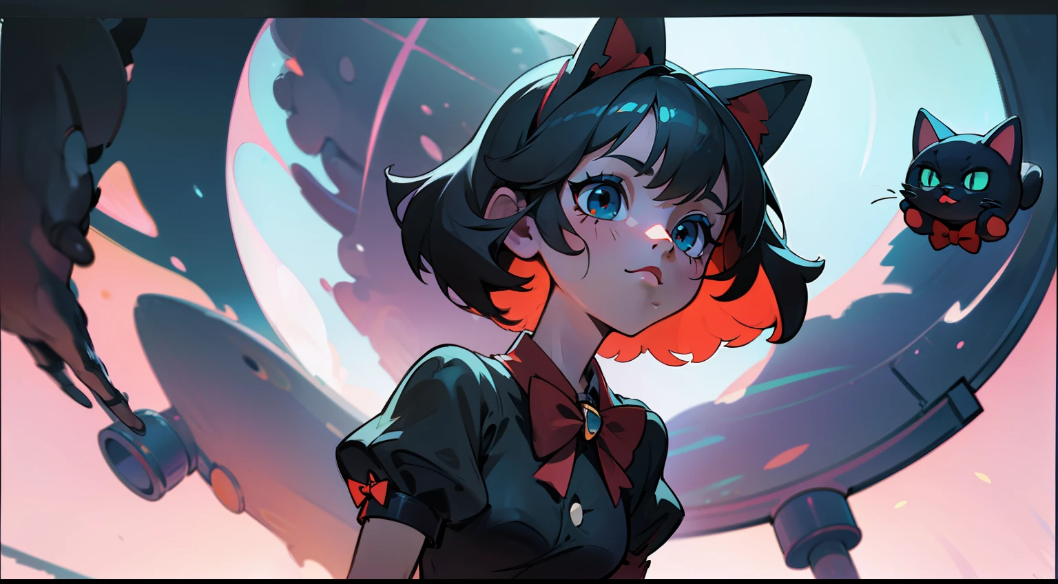 Blind box 3D girl black cat image，There is a red bow tie，adolable，three view cartoon image，holograph，full bodyesbian，Three View，Generate a front view，posterior view，Side view: Three views，maintainingconsistency and unity，The background is clean，Natural soft light，8K，best qualtiy，super detailing，C4D，blender,oc rendered，k hd，super detailing