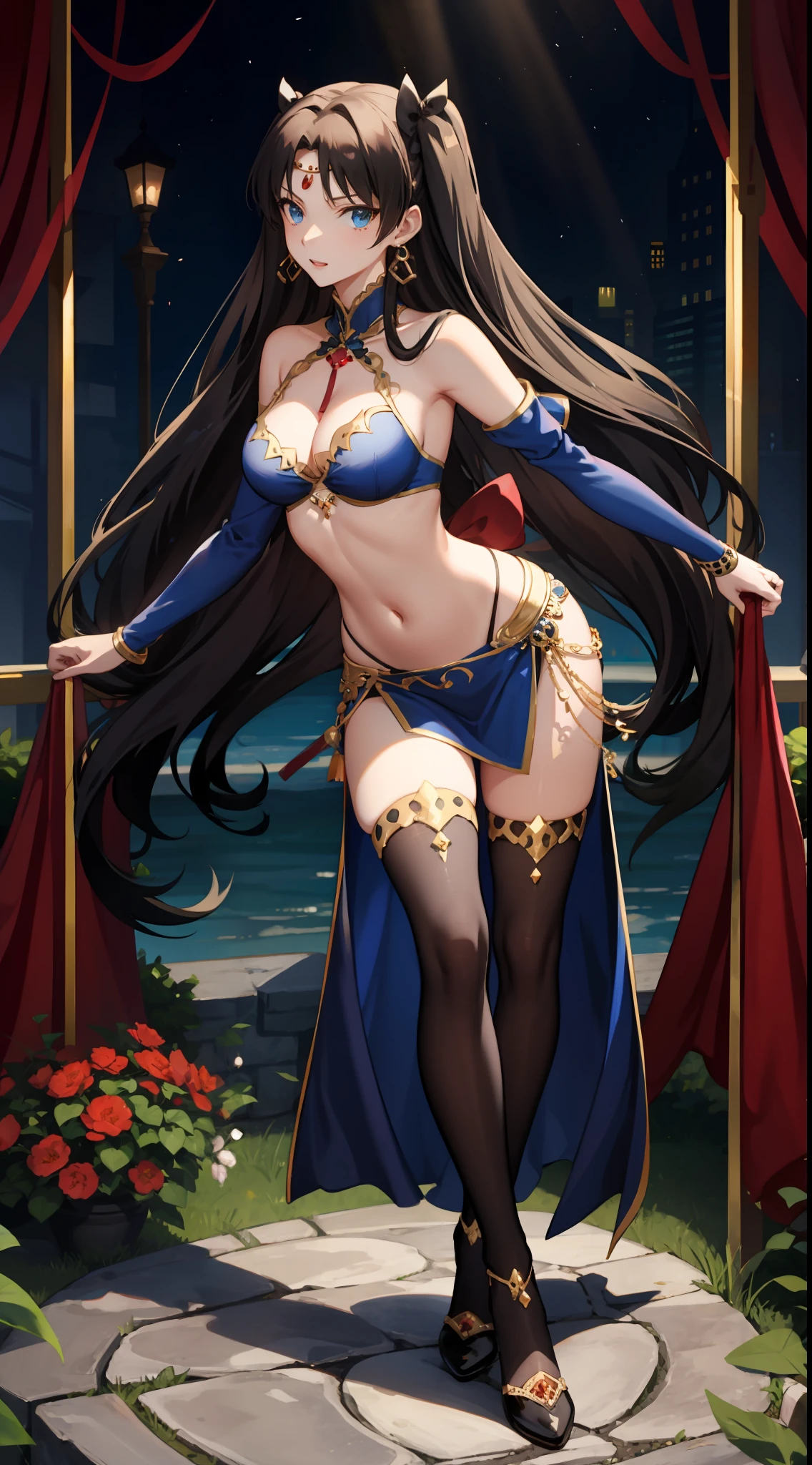 long hair, black hair, medium breast, slim legs, happy, blue gown, cleavage, arabian belly dancer , short skirt, rin tohsaka, twin tail, navel, garden, blue eyes, tiara, standing, thigh high socks, sunlight,