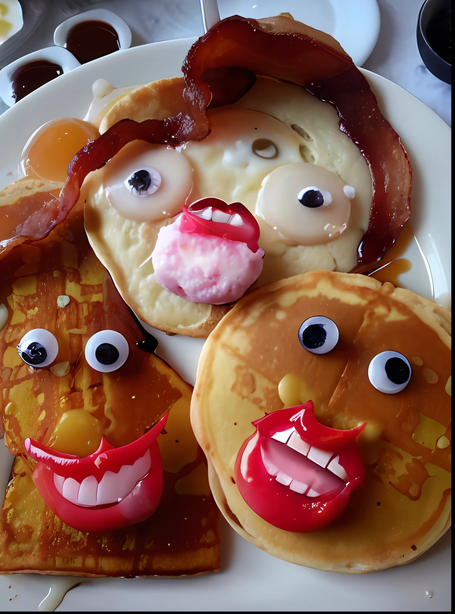 Close-up of a plate of pancakes with bacon and eggs, Pancakes flatheaded, funny faces, Slimy eyes, Flat pancake head, burger with human eyes, burger face, food art, Inspired by Peggy Bacon, evil faces, Funny and silly, photo pinterest, super realistic food picture, breakfast, cursed images, OMG, macabre smile, author:Lee Loveridge