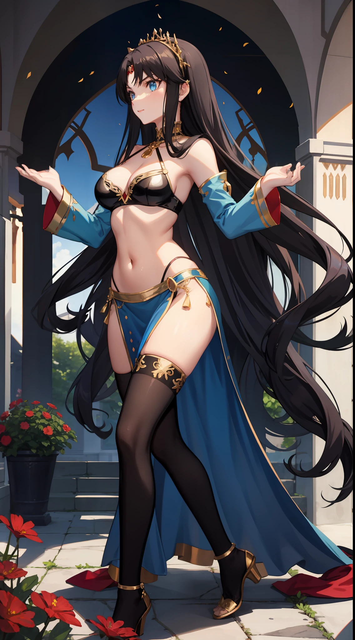 long hair, black hair, medium breast, slim legs, happy, blue gown, cleavage, arabian belly dancer , short skirt, rin tohsaka, twin tail, navel, garden, blue eyes, tiara, standing, thigh high socks, sunlight,