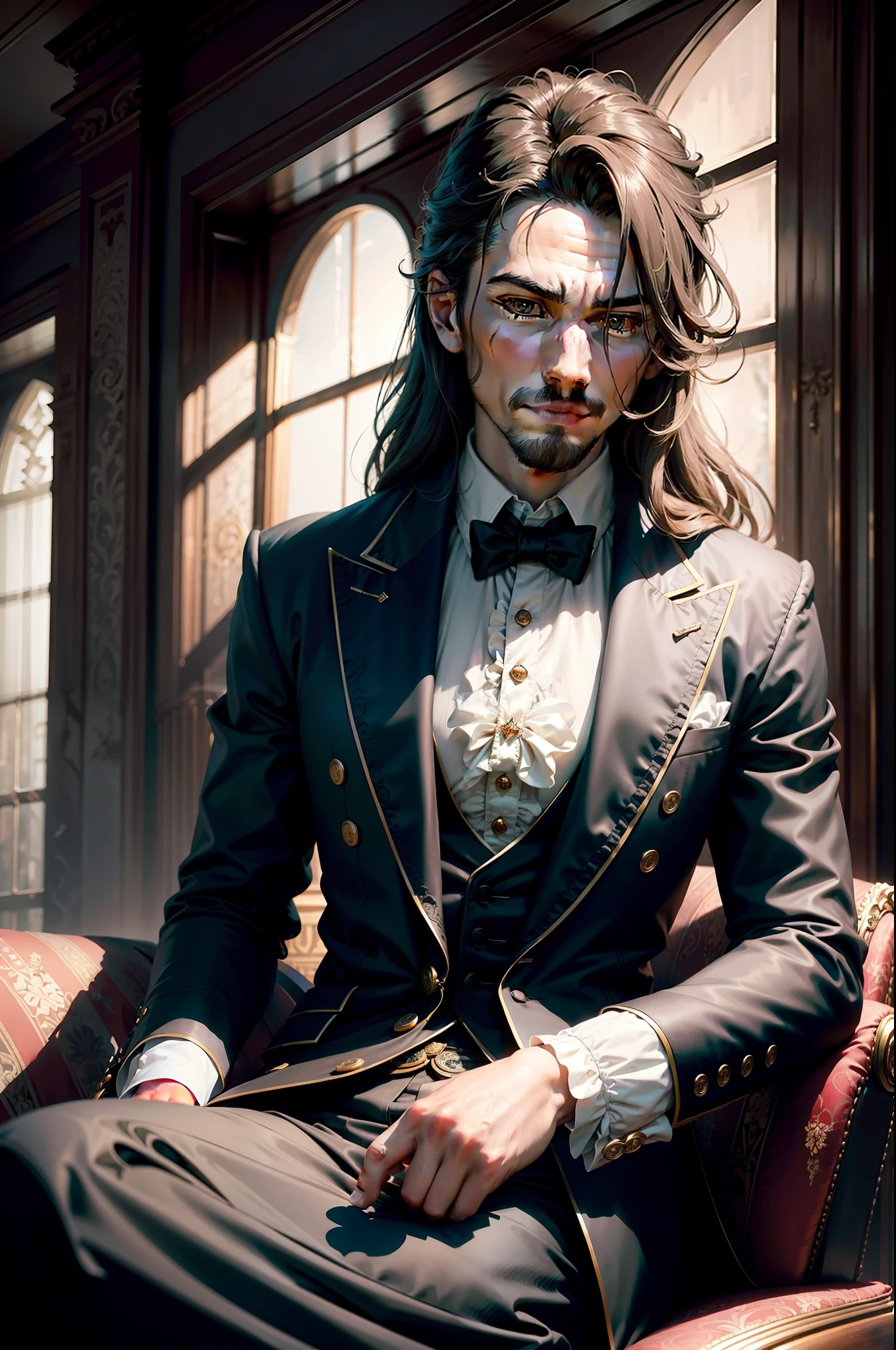(RAW photos,best qualtiy),(realisticlying,photograph realistic:1.3),best qualtiy,highly detailed,tmasterpiece,Hyper-detailing,illustratio,1人,The upper part of the body_Body,dynamic angle,Masterpiece Theatre of the World,Messy_Long_Hair,best qualtiy,Extremely detailed CG unified 8K wallpapers,astounding,cinmatic lighting,lens_flare,,dunhuang_Style (Masterpiece:1,2) Best quality, Masterpiece, A high resolution, Original,extremelydetailedwallpaper, Perfect lighting,(Extremely detailed CG:1.2), Drawing, paint brushes.
This is what a real vampire looks like!Antique vampire clothes,ellegance,Gentlemanly manners。He is smiling friendly(absurderes,Intricate details,Masterpiece,Best quality,high resolution,8K)(1人)((The male:1.2))((Mysterious man)),(sitting in the couch),Backward hair without bangs,Overlapping legs,(Holding a wine glass in his hand)(The shirt),(Wide environment)(Business suit)Black eyes,fanciful,dark fantacy,perfect hand,In the dark basement,medium large shoot,fanciful,romatic,Claveriodine,(Architecture of the Baroque period),In the auditorium,Perfect hands,The roots are clear