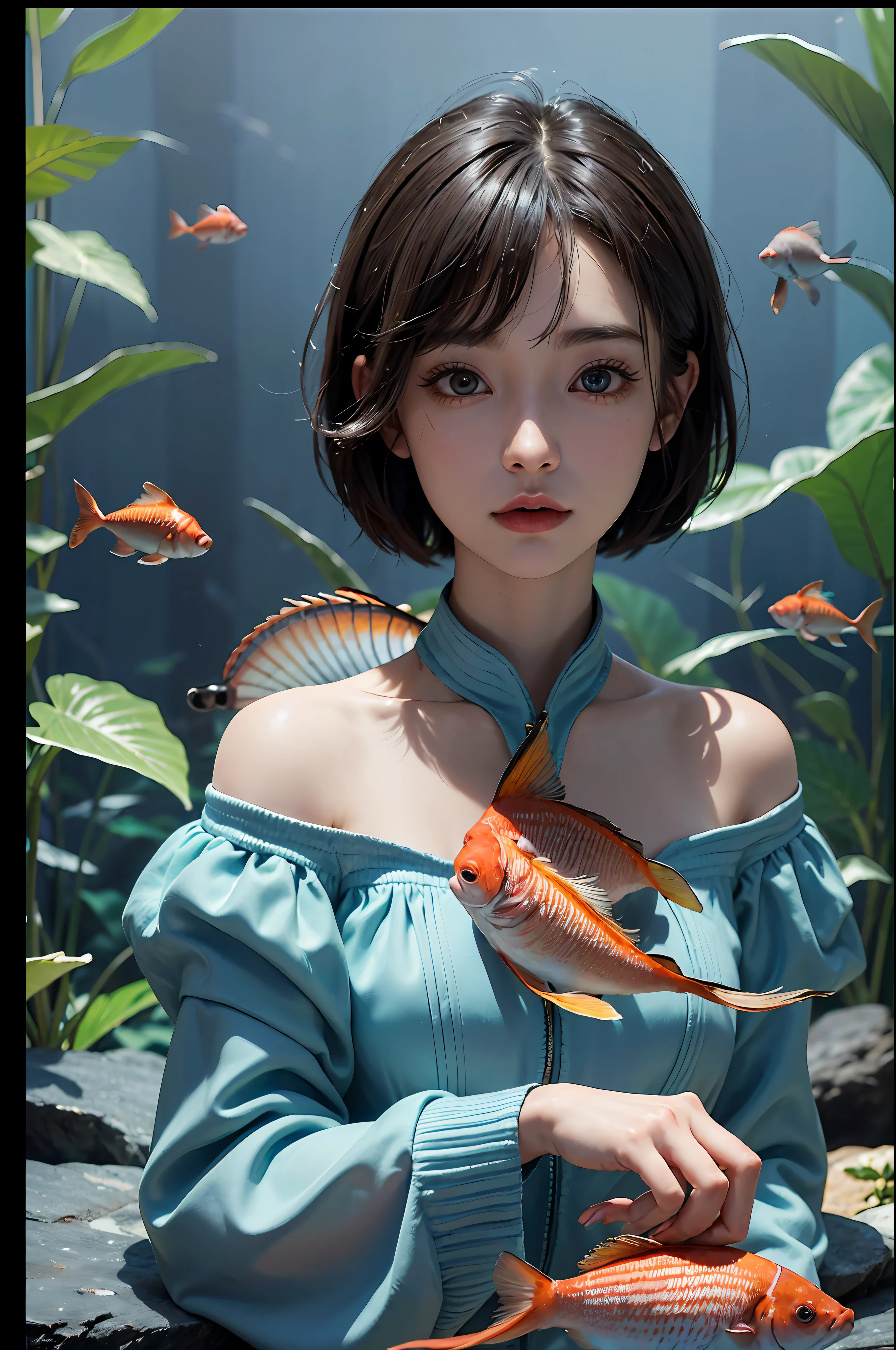 (((30-year-old woman with)))、((aquariums))、masterpiece, 1 beautiful girls, (((very_Short_hair))), Eye details, Swollen eyes, Top image quality, 超A high resolution, (Realistis: 1.4), OriginalPhotographs, 1girl in, Cinematographic lighting, japanes, very beautif, Beautiful skins, (A hyper-realistic), (hight resolution), (8 K), (ighly detailed), (The best illustrations), (beautifully detailed eyes), (ultra-detailliert), A detailed face, look at a camera, Facing straight ahead, Neat Clothing, shorth hair、A dark-haired、46-point diagonal bangs、((aquariums))、Lots of fish、(((tropical fish)))