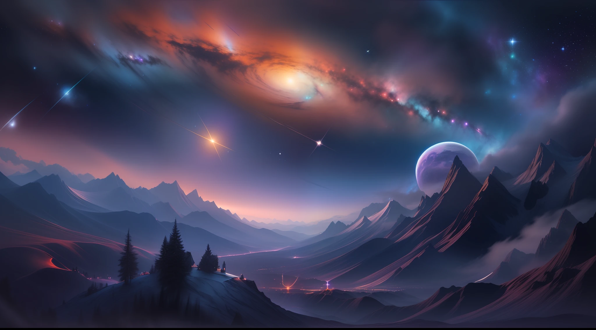 Create a relaxed image, Dark Universe. Scene of serene celestial beauty in the vastness of space, Where distant stars twinkle like guiding lights. Breathtaking nebulae and colorful galaxies inspire amazement and awe. Blend muted tones with indigo, Deep purple, Eta、Warm sky shades that create an atmosphere of peace and tranquility.