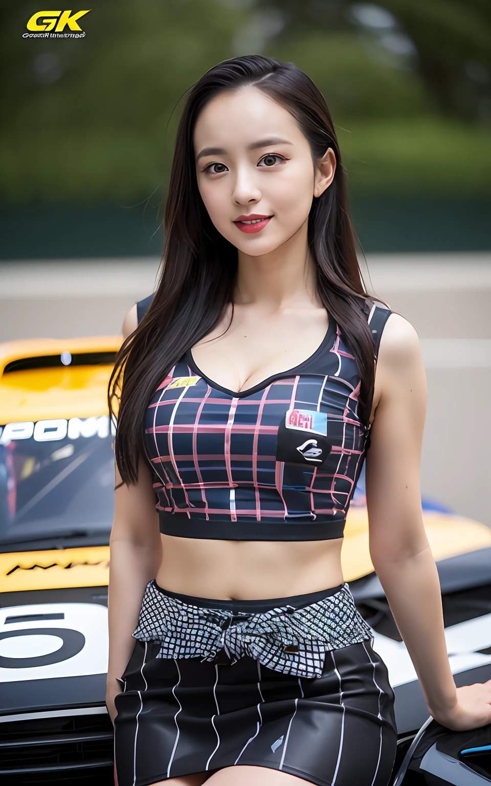 the Extremely Detailed CG Unity 8K Wallpapers, Best Quality, Ultra-detailed, masutepiece, Realistic, photos realistic, extremely detailed cute girl, 25-years old,
(Wearing a grid girl costume with sponsor's logo printed on it:1.3), (Mini skirt ) , (Sitting in a motorsport race), (cleavage), blush , Half body shot , Forehead ,