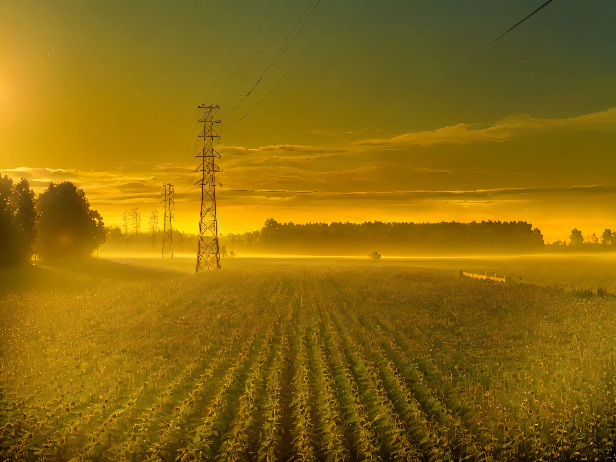 Araffed crop fields with electric lines in the distance, author：Karl Volk, Energy lines, summer morning, wired landscape, powerlines, author：Hans Schwarz, golden morning light, Sunflower field, Early morning light, early morning, Power lines, author：Werner Guzette, author：Thomas Hefner, high-quality picture, pylons